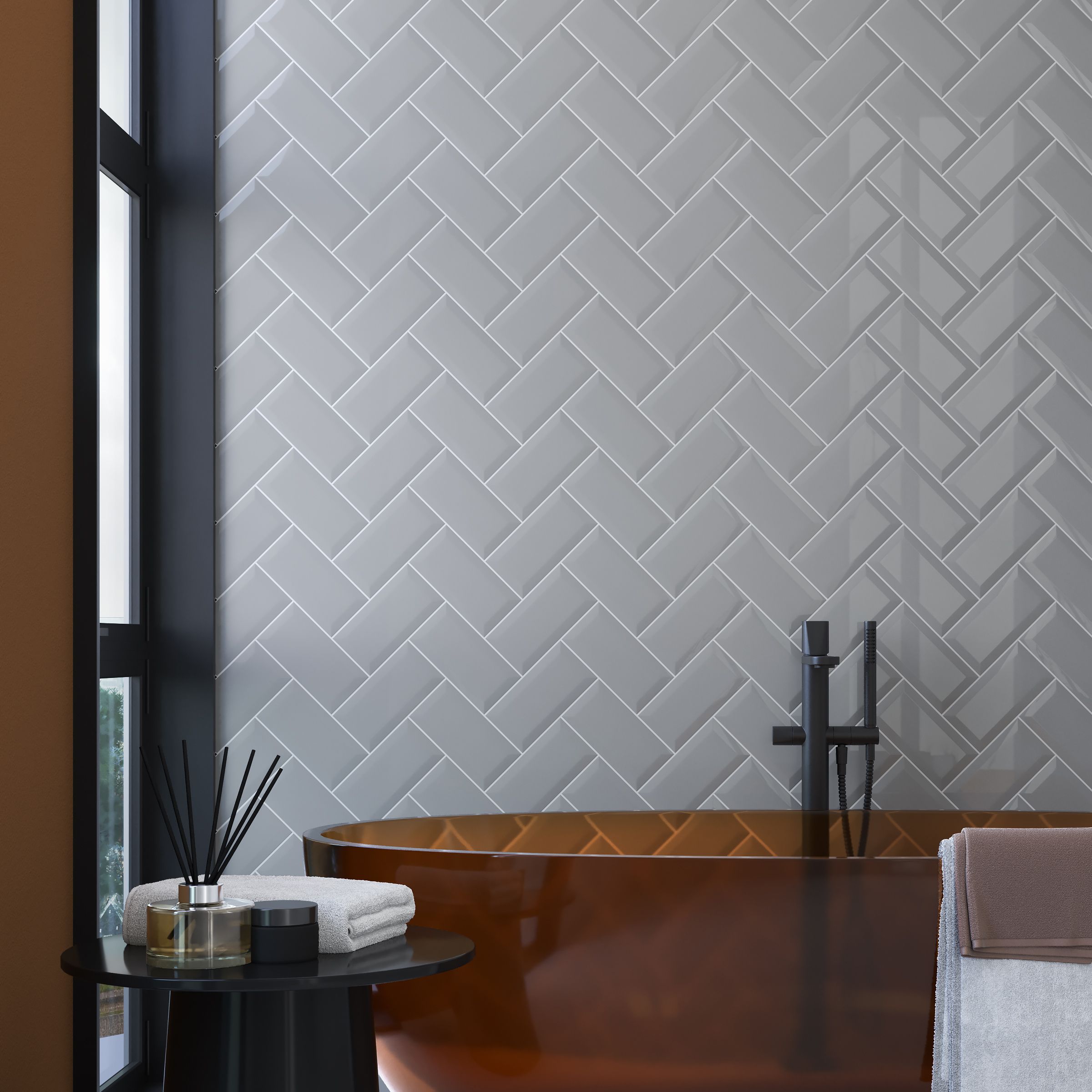 Trentie Grey Gloss Metro Ceramic Wall tile, Pack of 40, (L)200mm (W)100mm