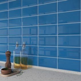 Trentie Petrol Blue Gloss Metro Ceramic Wall tile, Pack of 40, (L)200mm (W)100mm