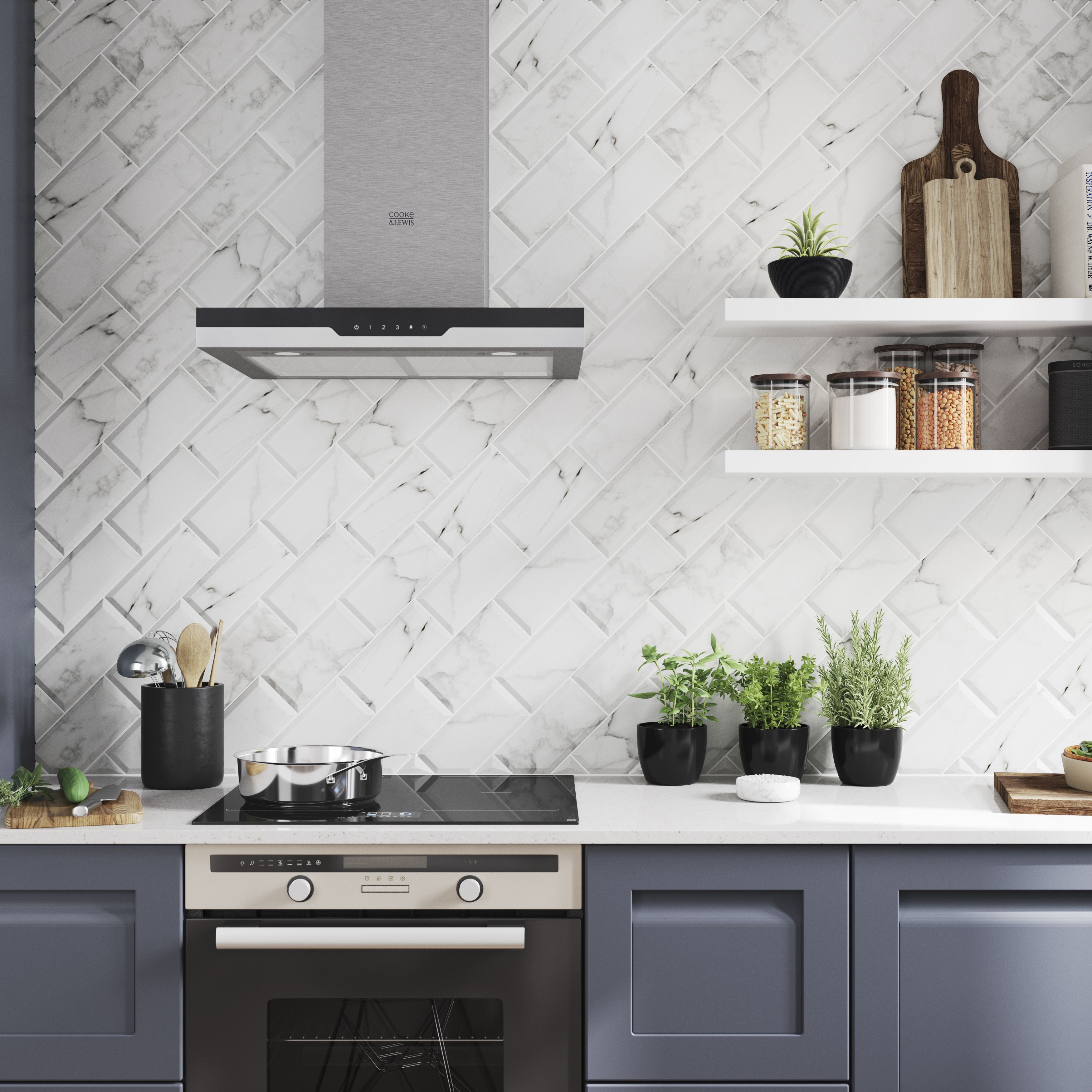 Trentie White Gloss Marble Effect Ceramic Wall Tile Sample | DIY At B&Q