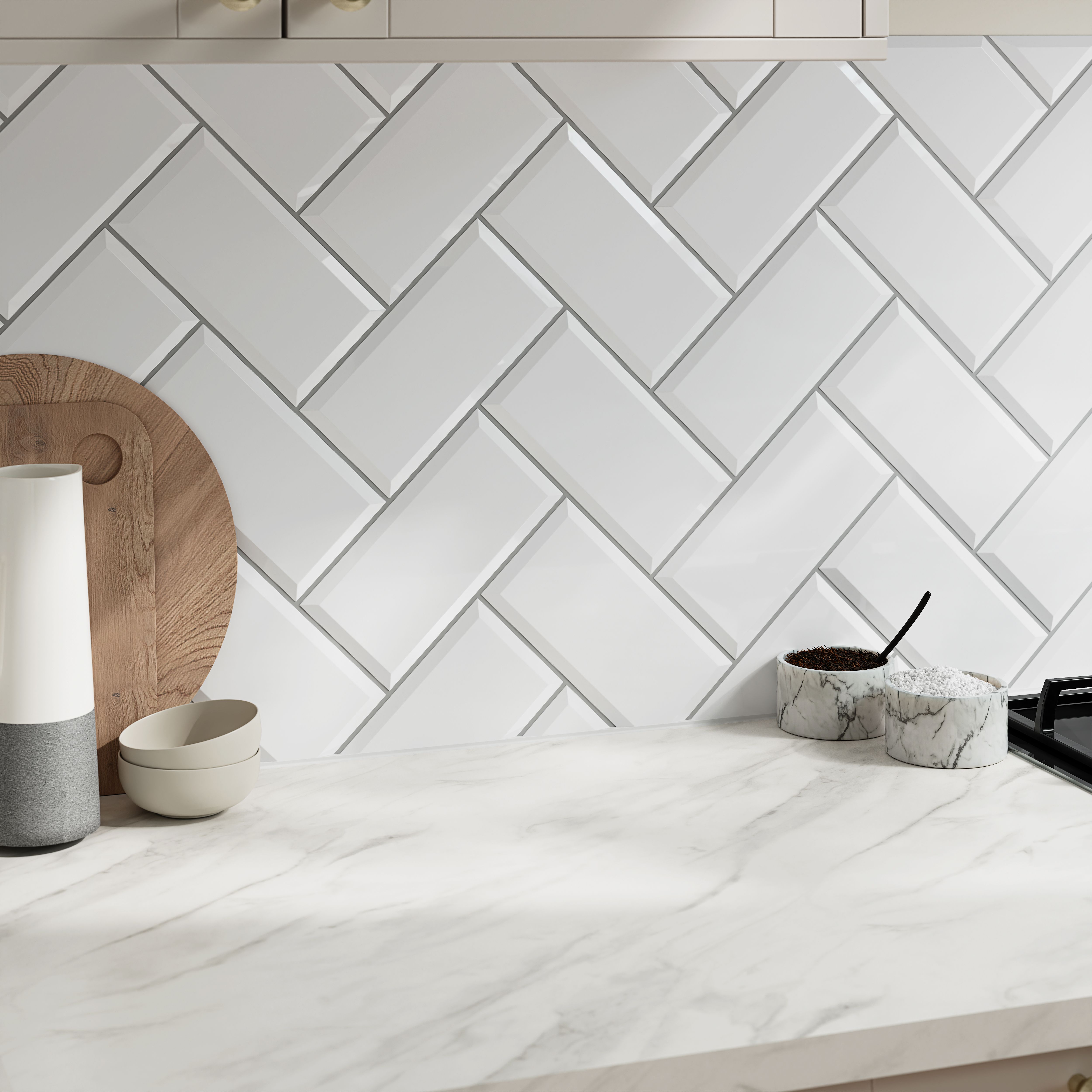 Trentie White Gloss Textured Ceramic Indoor Wall Tile, Pack of 50, (L)200mm (W)100mm