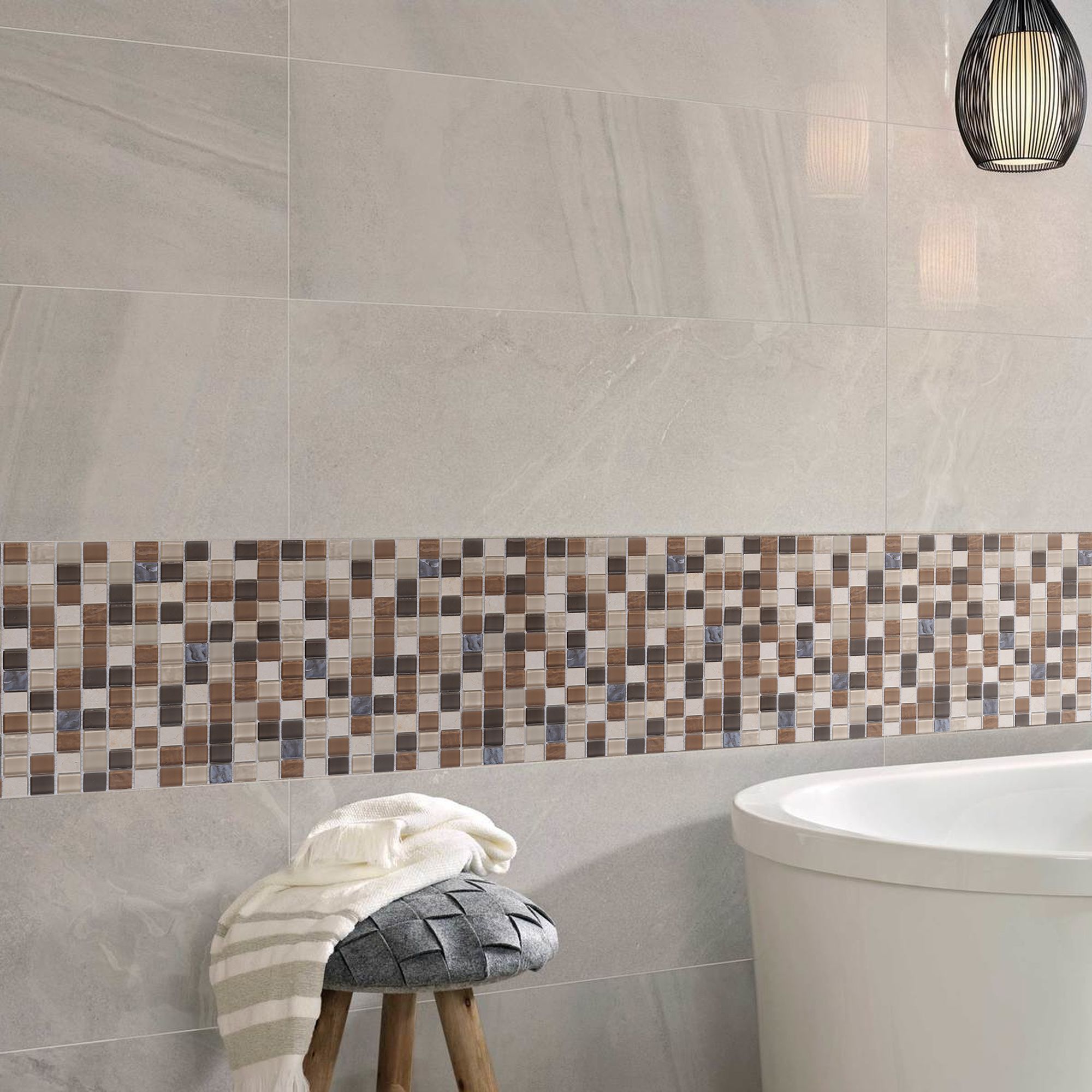 Triesto Beige & brown Gloss Stone effect Glass & natural stone Mosaic tile, (L)300mm (W)300mm