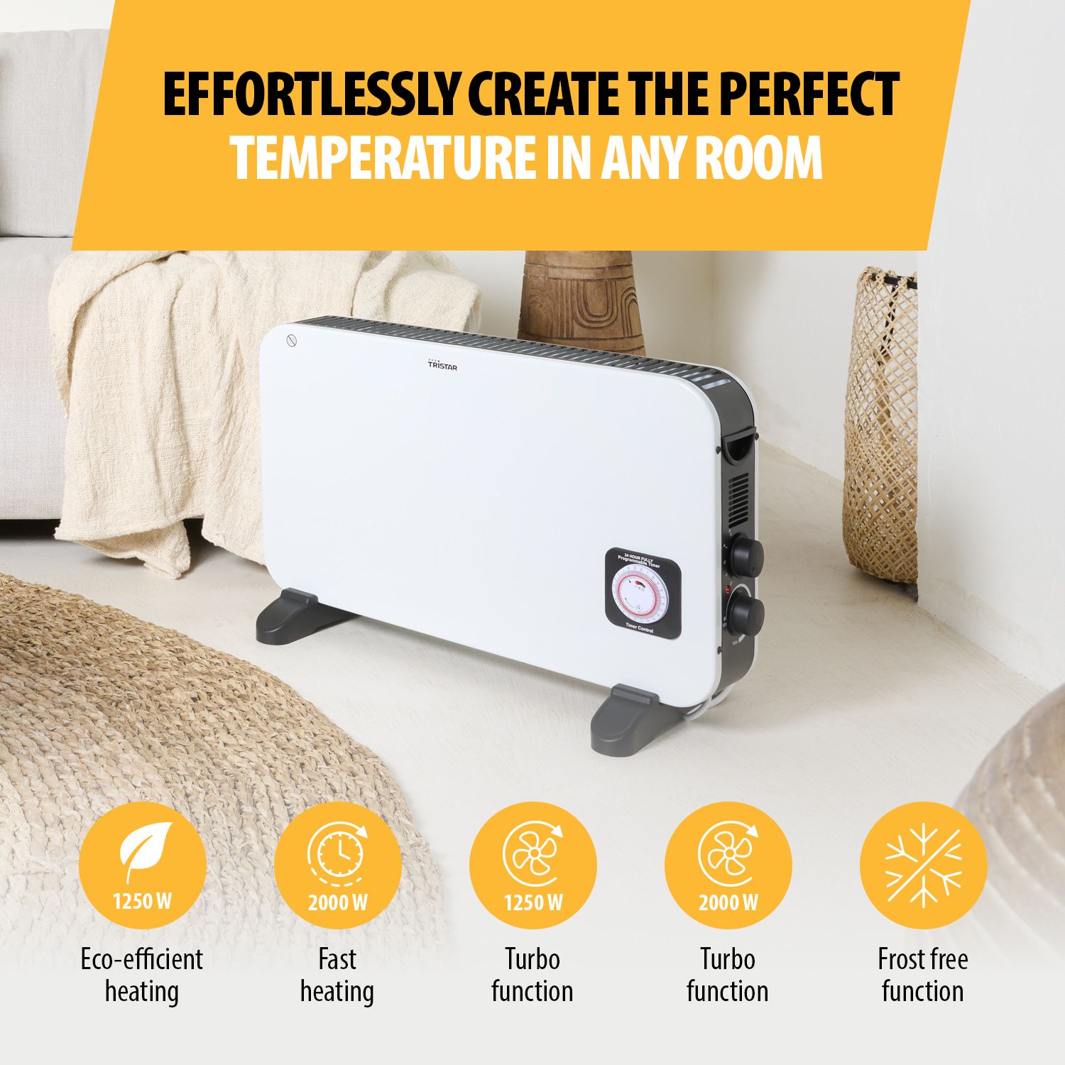 Tristar 2000W White Convector heater With timer function