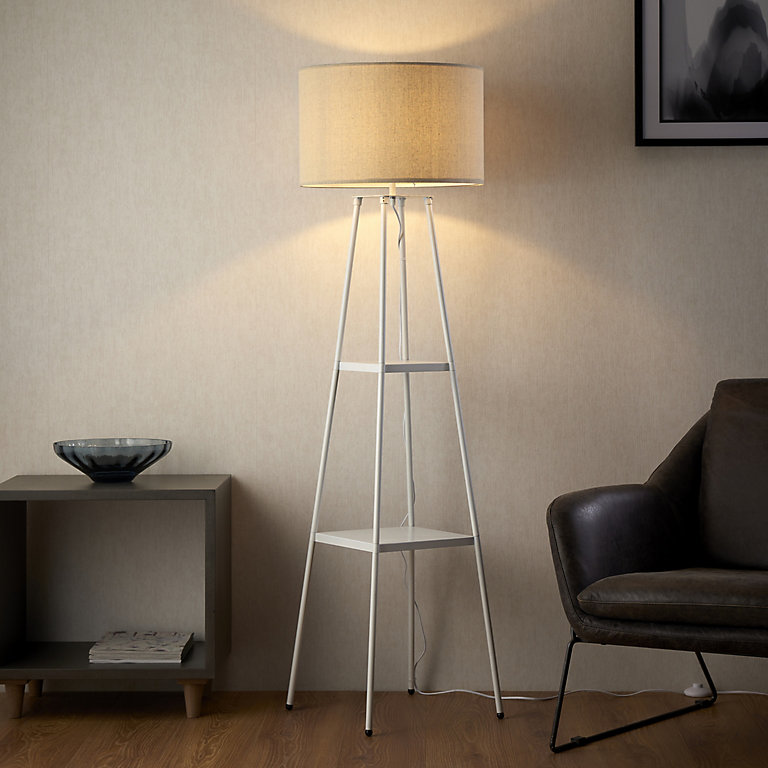 Triton Gloss Neutral Shelf Floor Lamp, Column Floor Lamp With Charging Station
