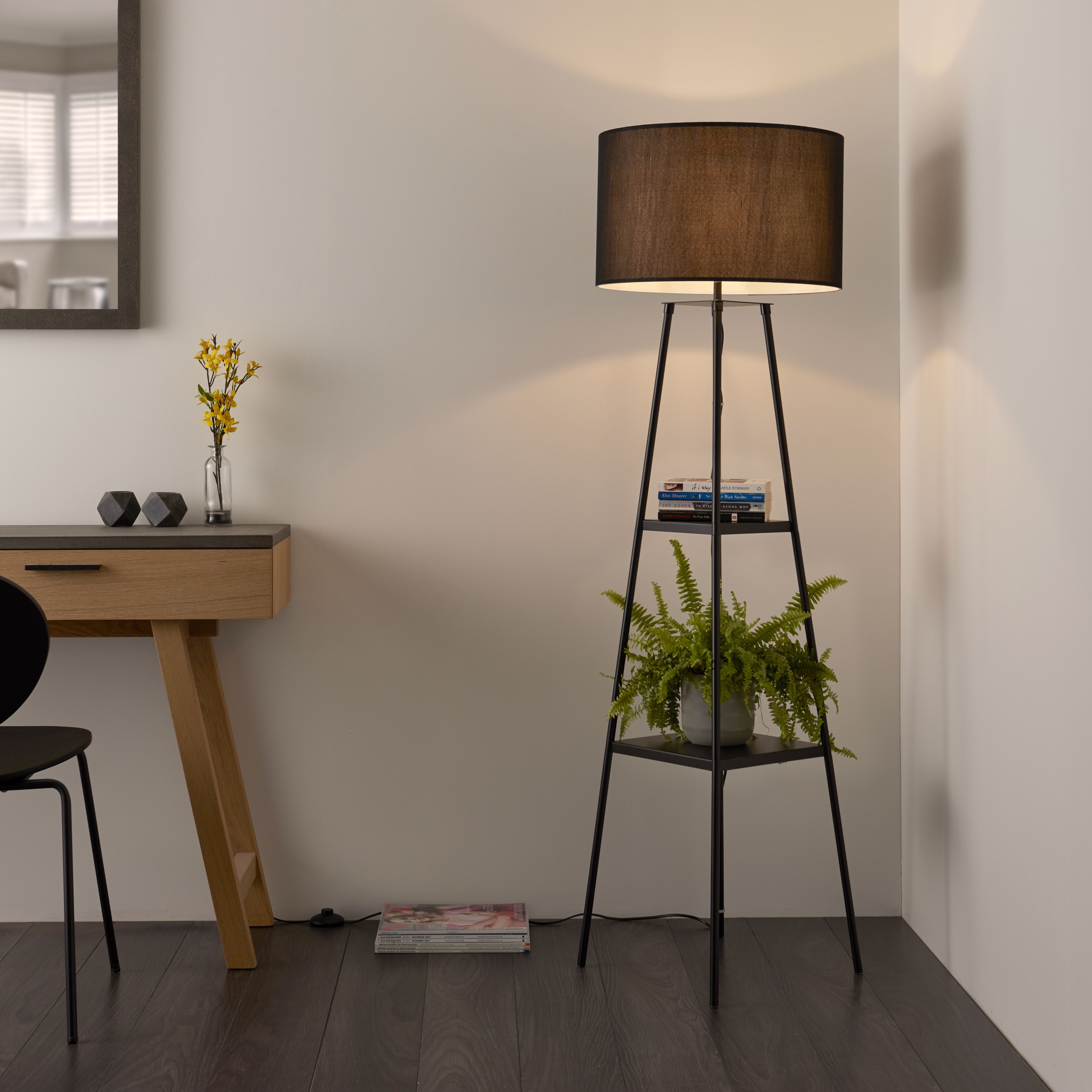 Shelved tripod store floor lamp