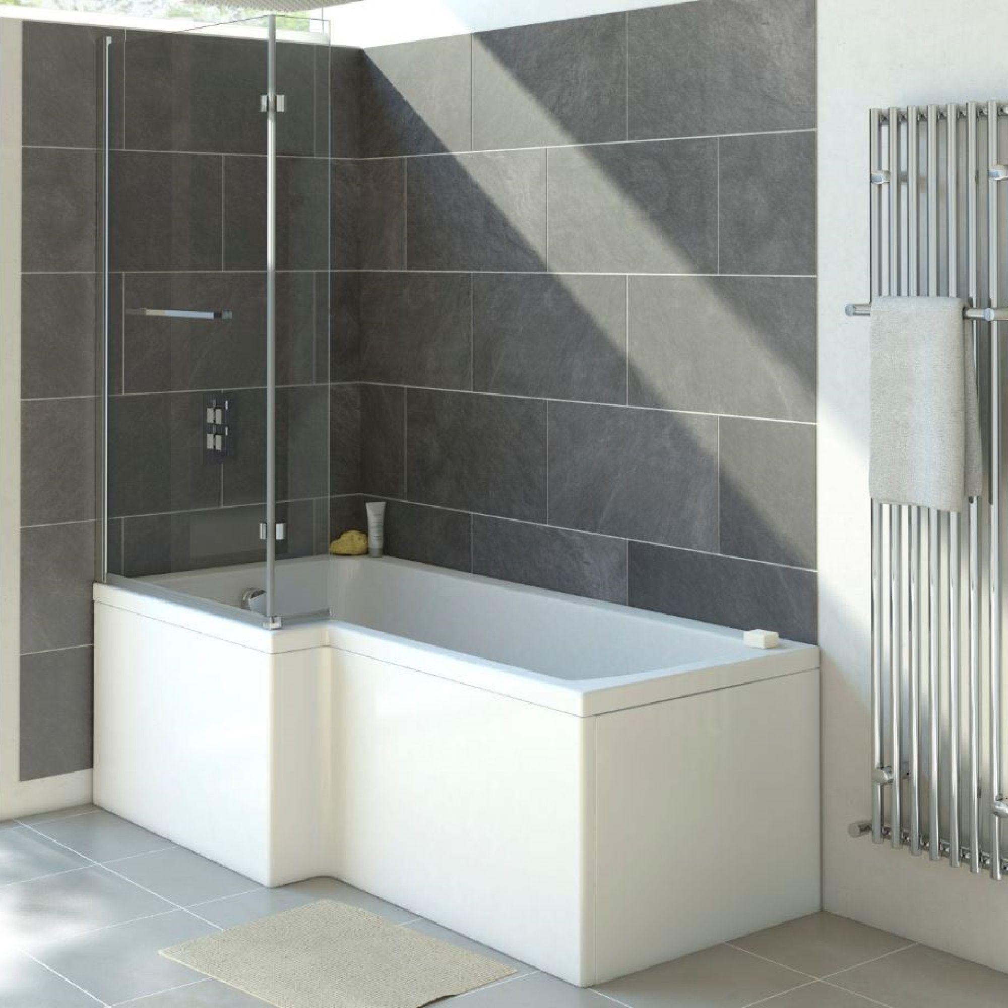 Trojan Baths Solarna White L-shaped Right-handed Single ended Bath, panel, screen & air spa set with 6 jets (L)1700mm