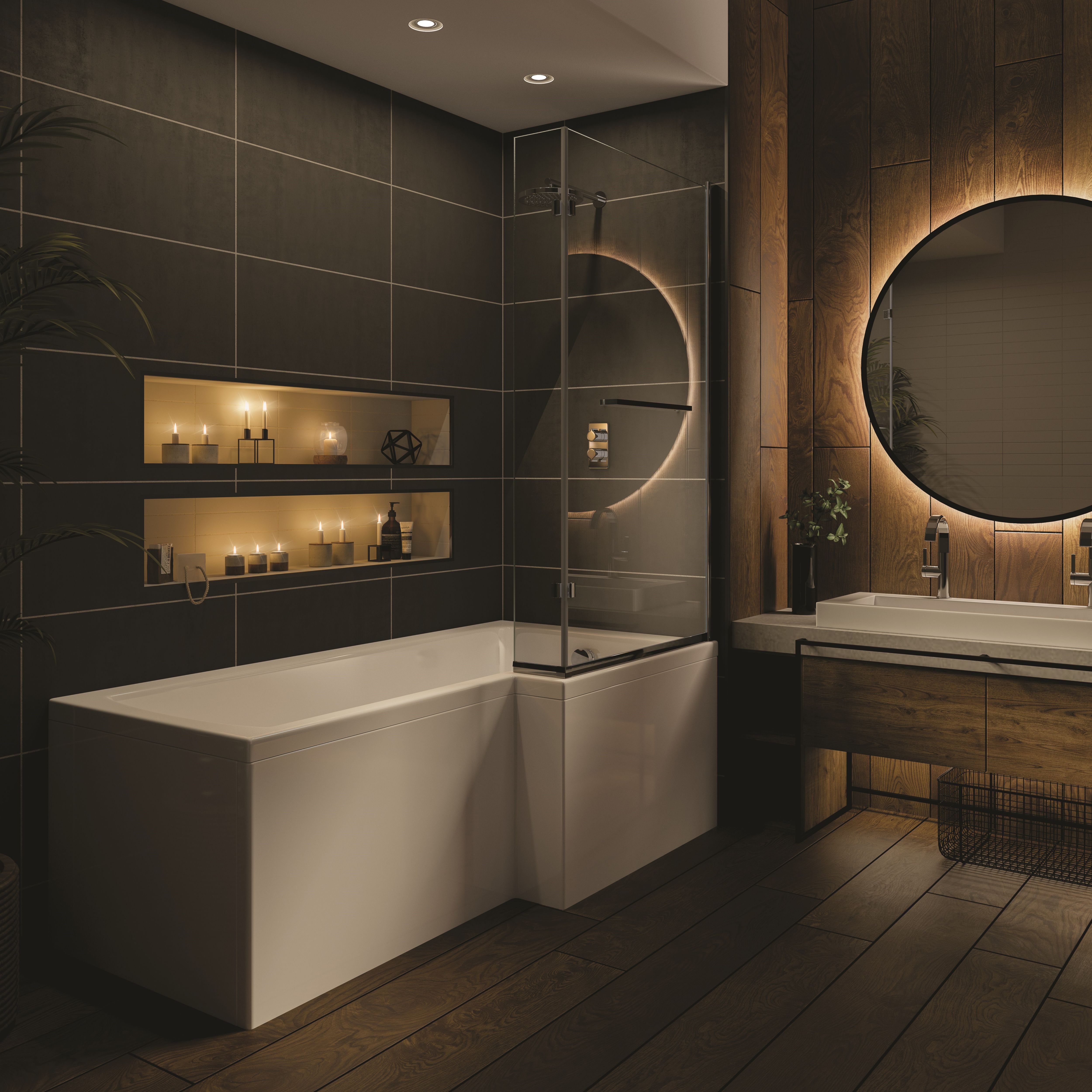 Trojan Baths Solarna White L-shaped Right-handed Single ended Bath, panel, screen & air spa set with 6 jets (L)1700mm