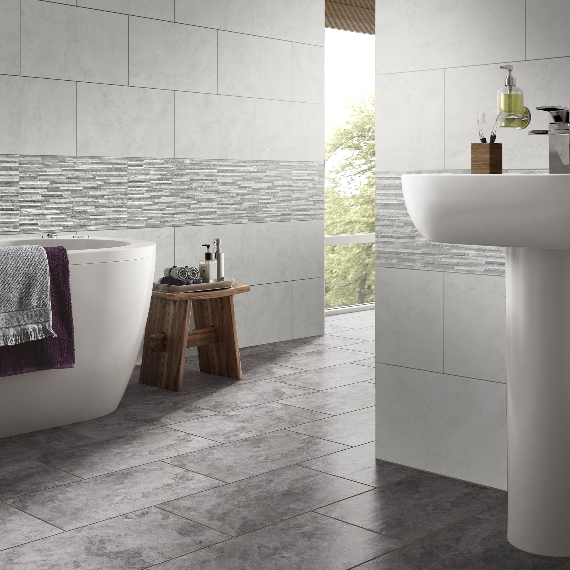 Troy Oscano Grey mix Matt Splitface Stone effect Textured Ceramic Indoor Wall Tile, Pack of 6, (L)300mm (W)600mm