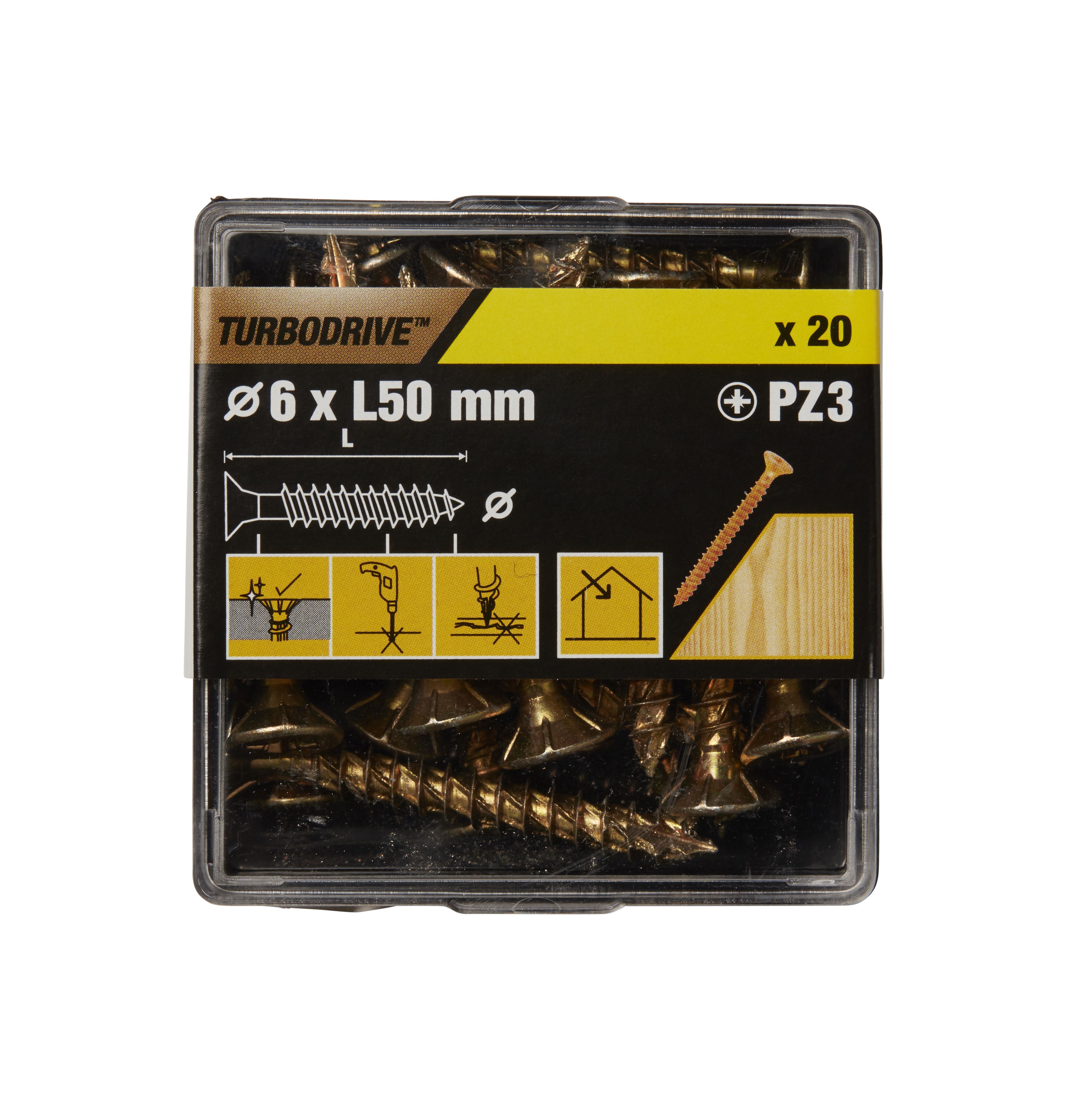 TurboDrive Pozidriv Double self-countersunk Yellow-passivated Steel Wood screw (Dia)6mm (L)50mm, Pack of 20