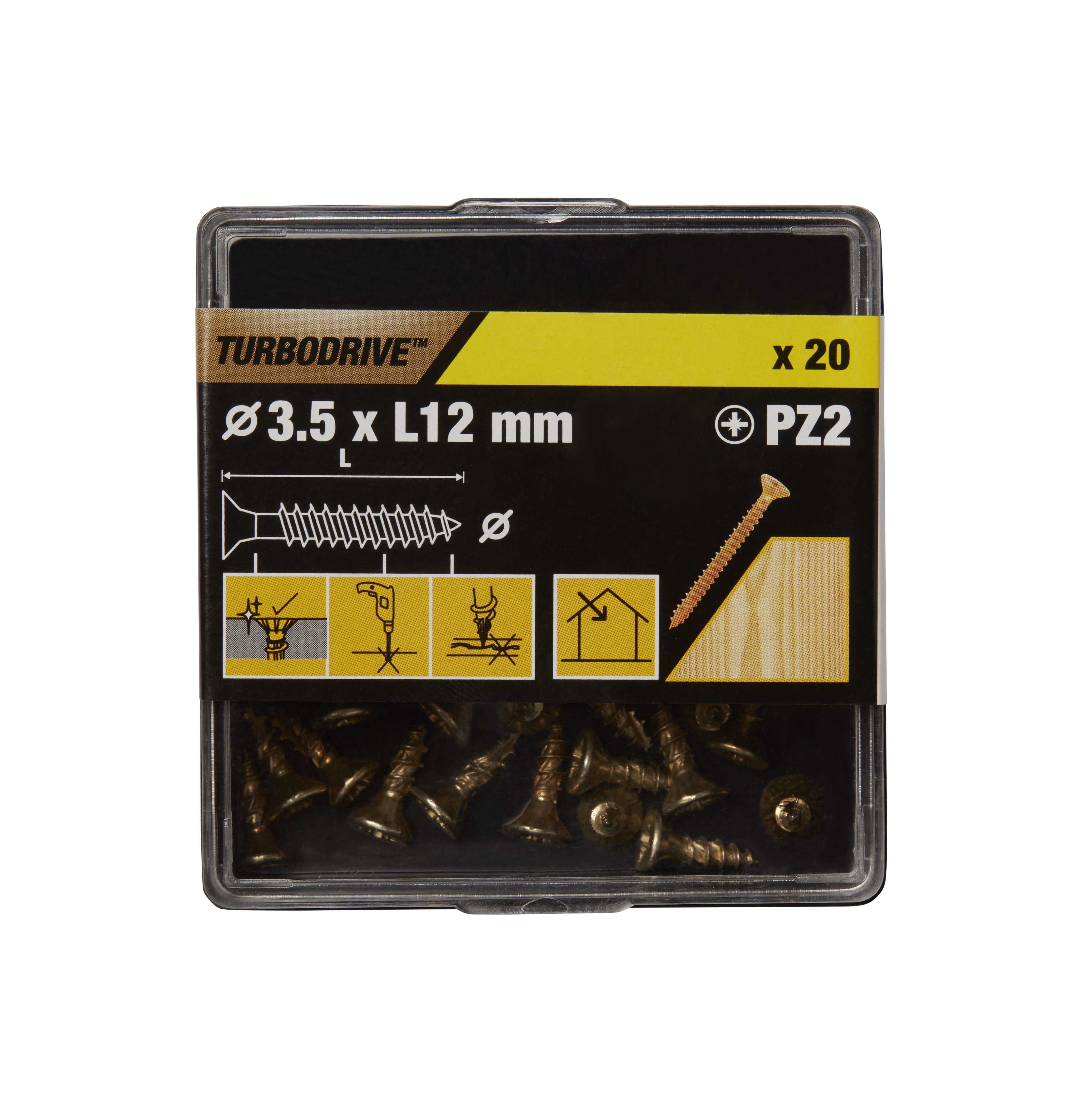 TurboDrive Pozidriv Yellow-passivated Steel Screw (Dia)3.5mm (L)12mm, Pack of 20