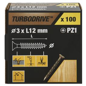 TurboDrive Pozidriv Yellow-passivated Steel Screw (Dia)3mm (L)12mm, Pack of 100