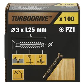 TurboDrive Pozidriv Yellow-passivated Steel Screw (Dia)3mm (L)25mm, Pack of 100
