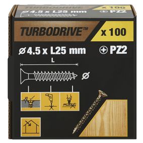 TurboDrive Pozidriv Yellow-passivated Steel Screw (Dia)4.5mm (L)25mm, Pack of 100