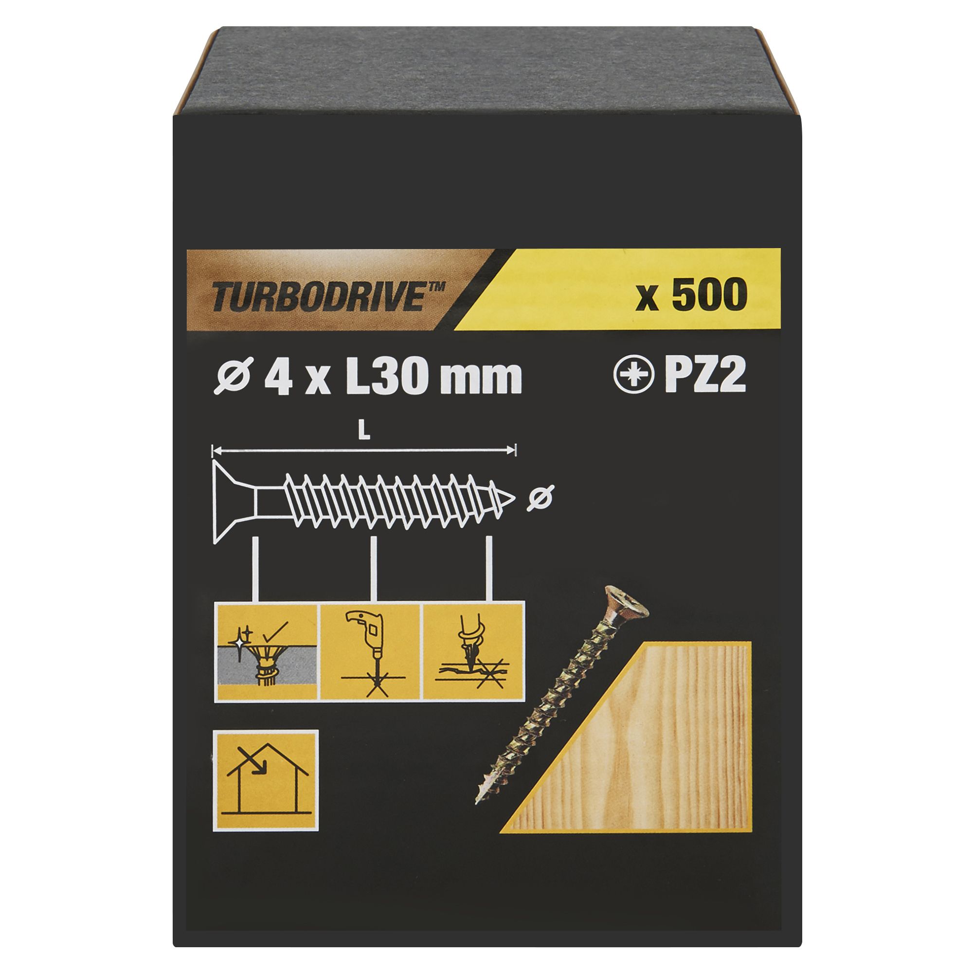 TurboDrive Pozidriv Yellow-passivated Steel Screw (Dia)4mm (L)30mm, Pack of 500