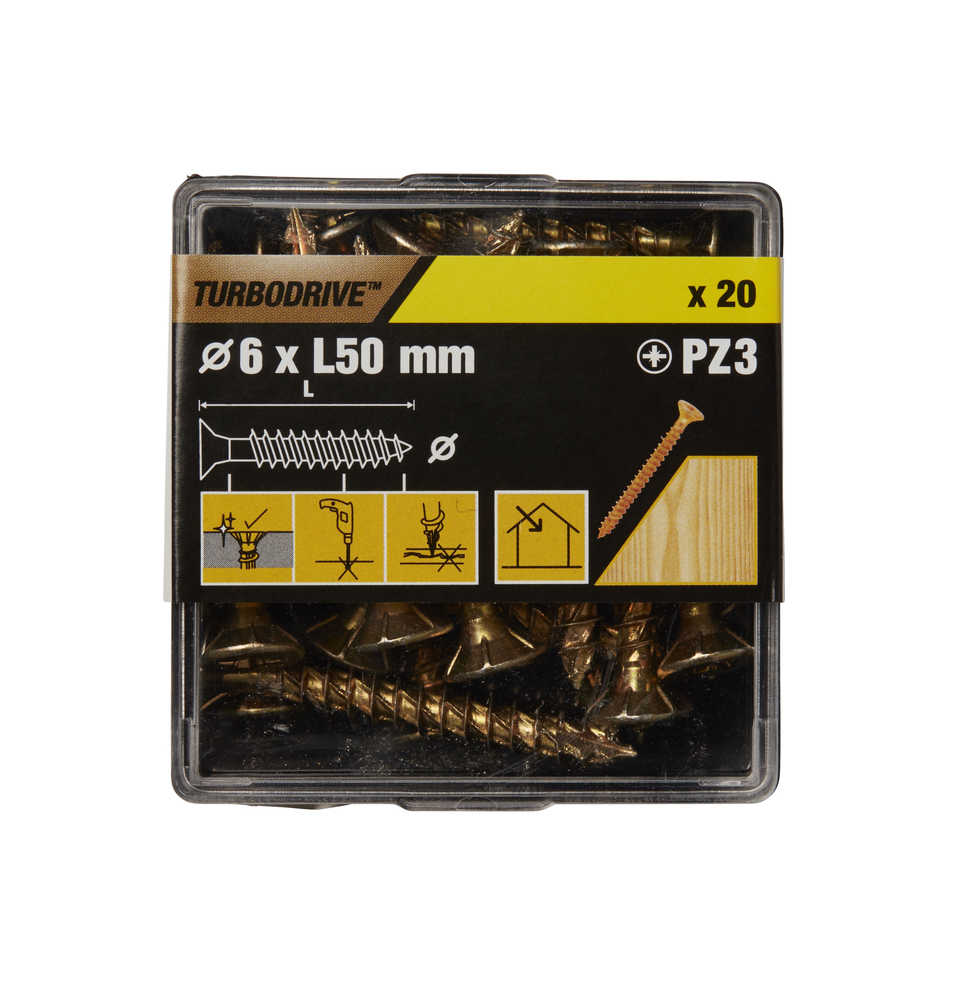 TurboDrive Pozidriv Yellow-passivated Steel Screw (Dia)6mm (L)50mm, Pack of 20