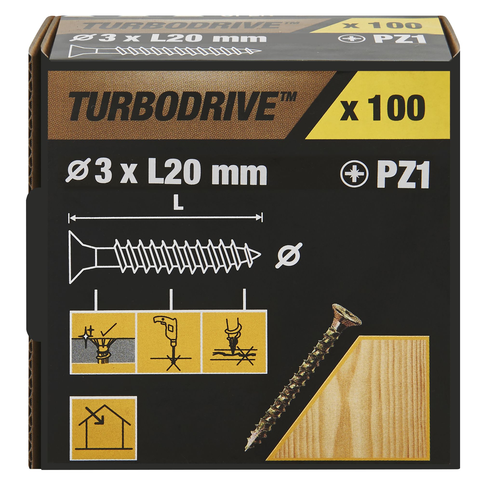 TurboDrive PZ Double-countersunk Yellow-passivated Steel Screw (Dia)3mm (L)20mm, Pack of 100