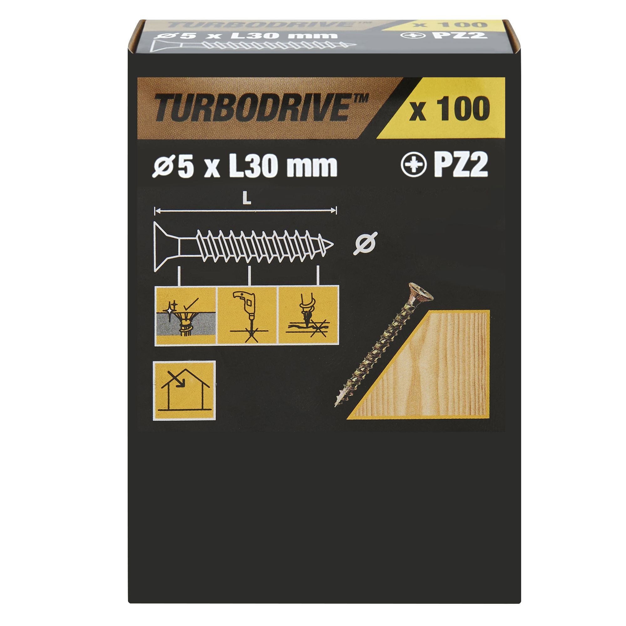 TurboDrive PZ Double-countersunk Yellow-passivated Steel Wood screw (Dia)5mm (L)30mm, Pack of 100