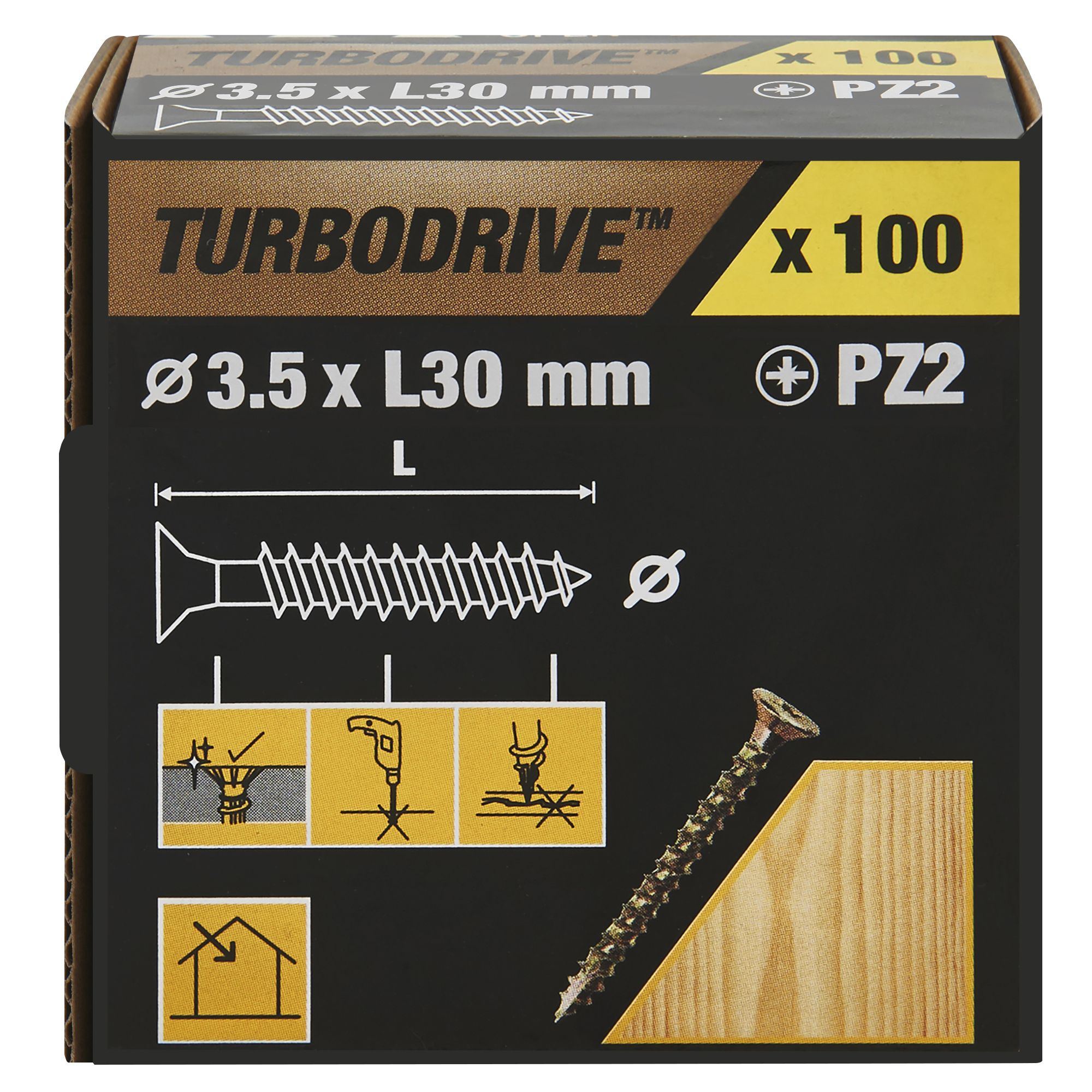 TurboDrive PZ Yellow-passivated Steel Screw (Dia)3.5mm (L)30mm, Pack of 100