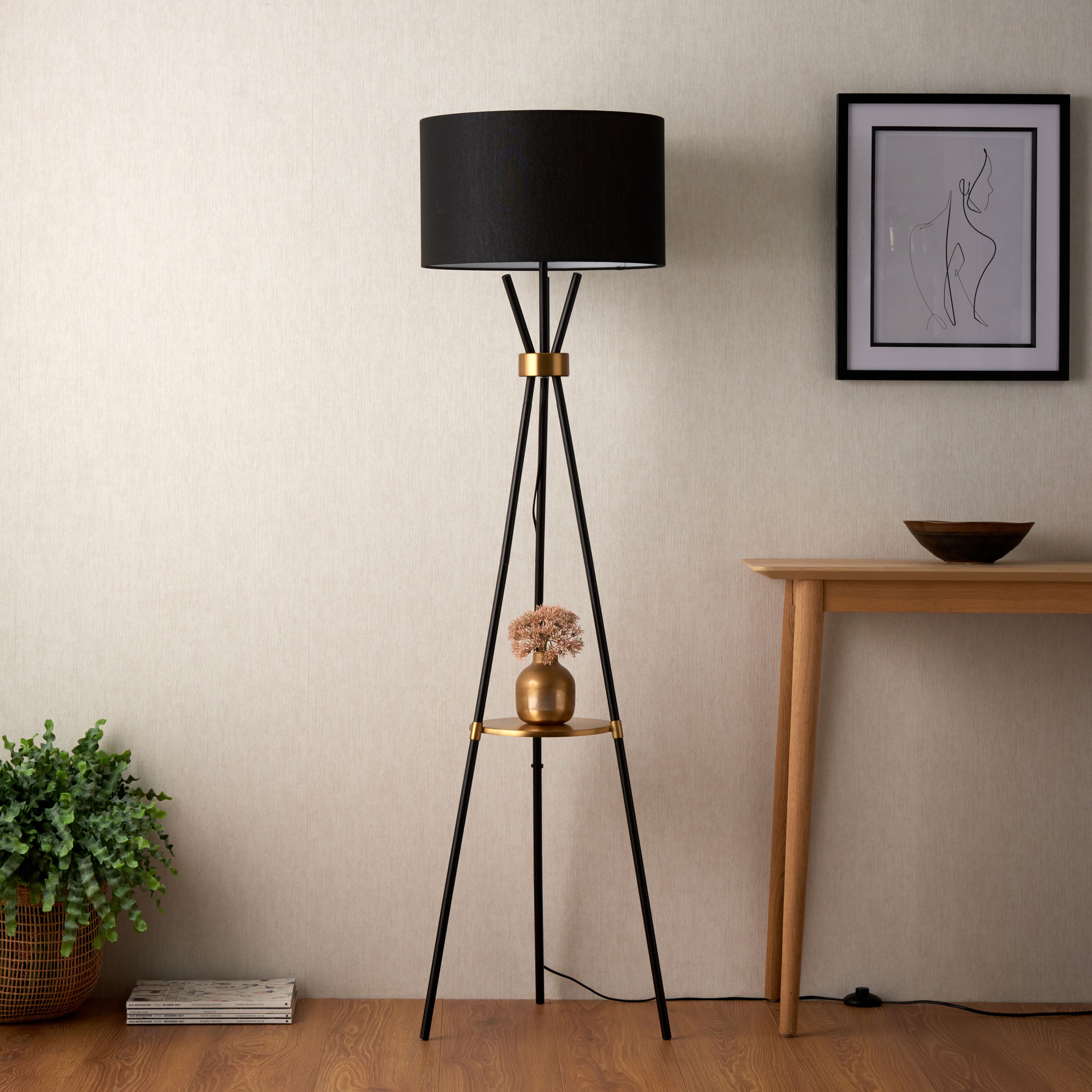 Turin Matt Black Antique brass effect Floor light