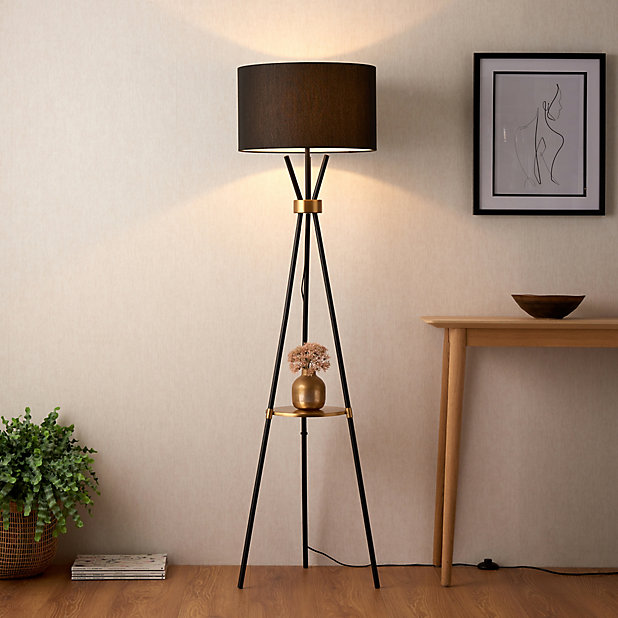 Turin Matt Black Antique Brass Effect, Floor Lamp With Table Antique Brass