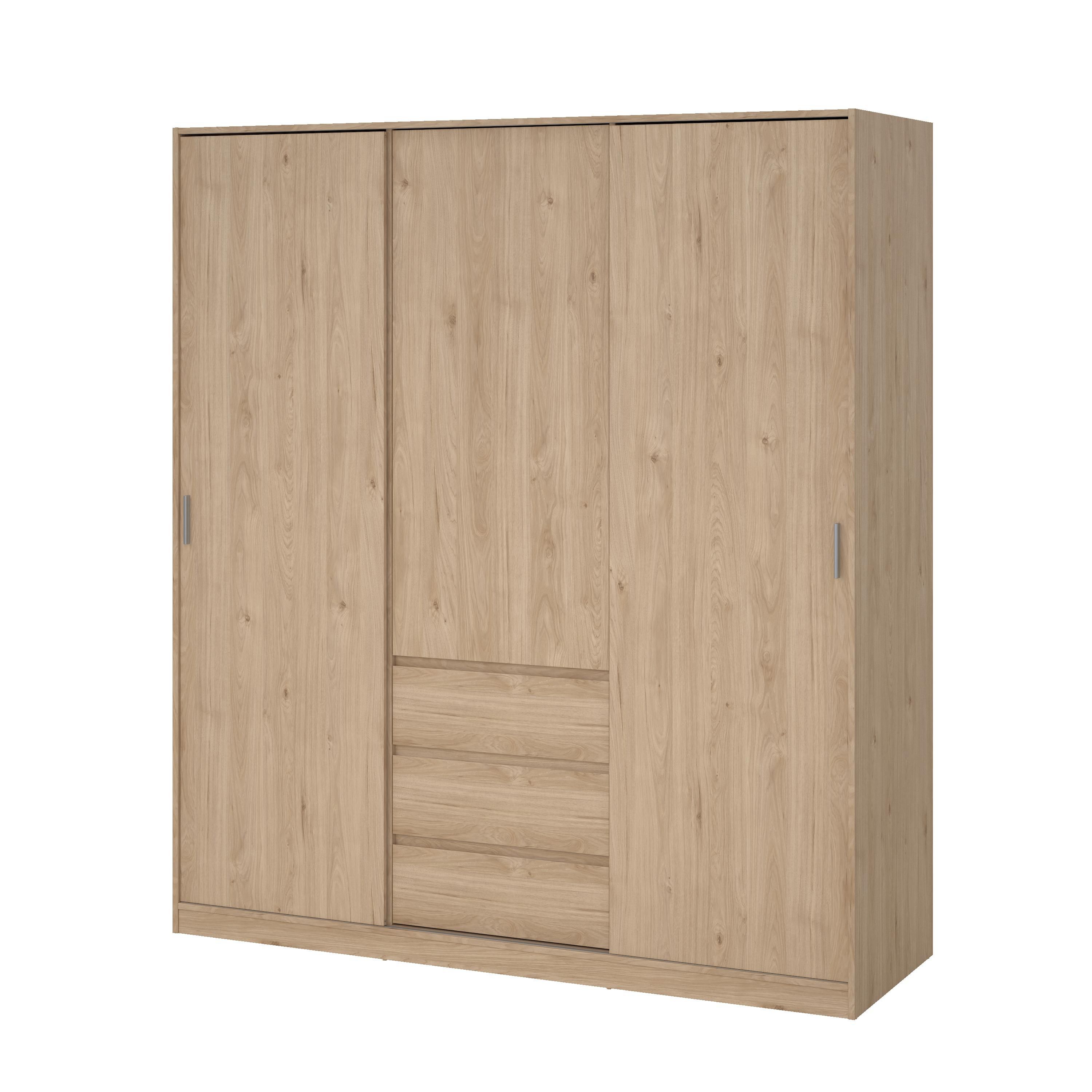 Tvilum Esla Scandinavian Matt jackson hickory oak effect 3 Drawer Large Triple Sliding door wardrobe (H)2004mm (W)1770mm (D)600mm