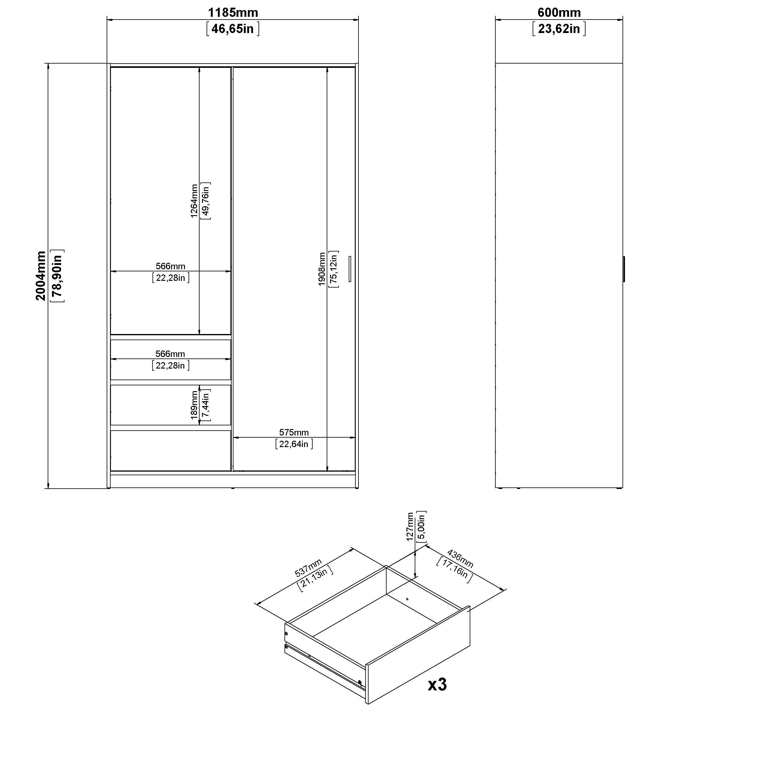 Tvilum Esla Scandinavian Matt white 3 Drawer Double Sliding door wardrobe (H)2004mm (W)1185mm (D)600mm