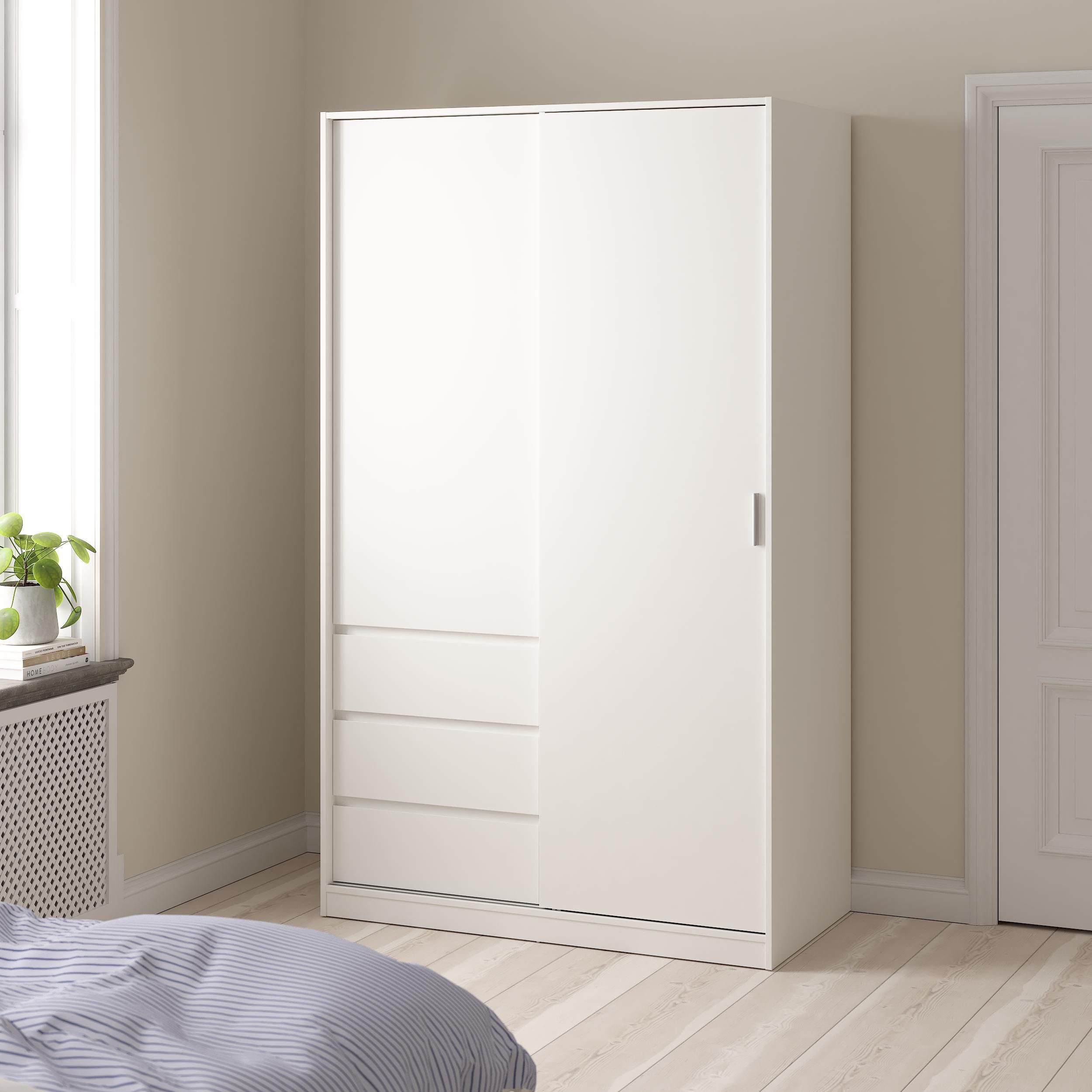 Tvilum Esla Scandinavian Matt white 3 Drawer Double Sliding door wardrobe (H)2004mm (W)1185mm (D)600mm