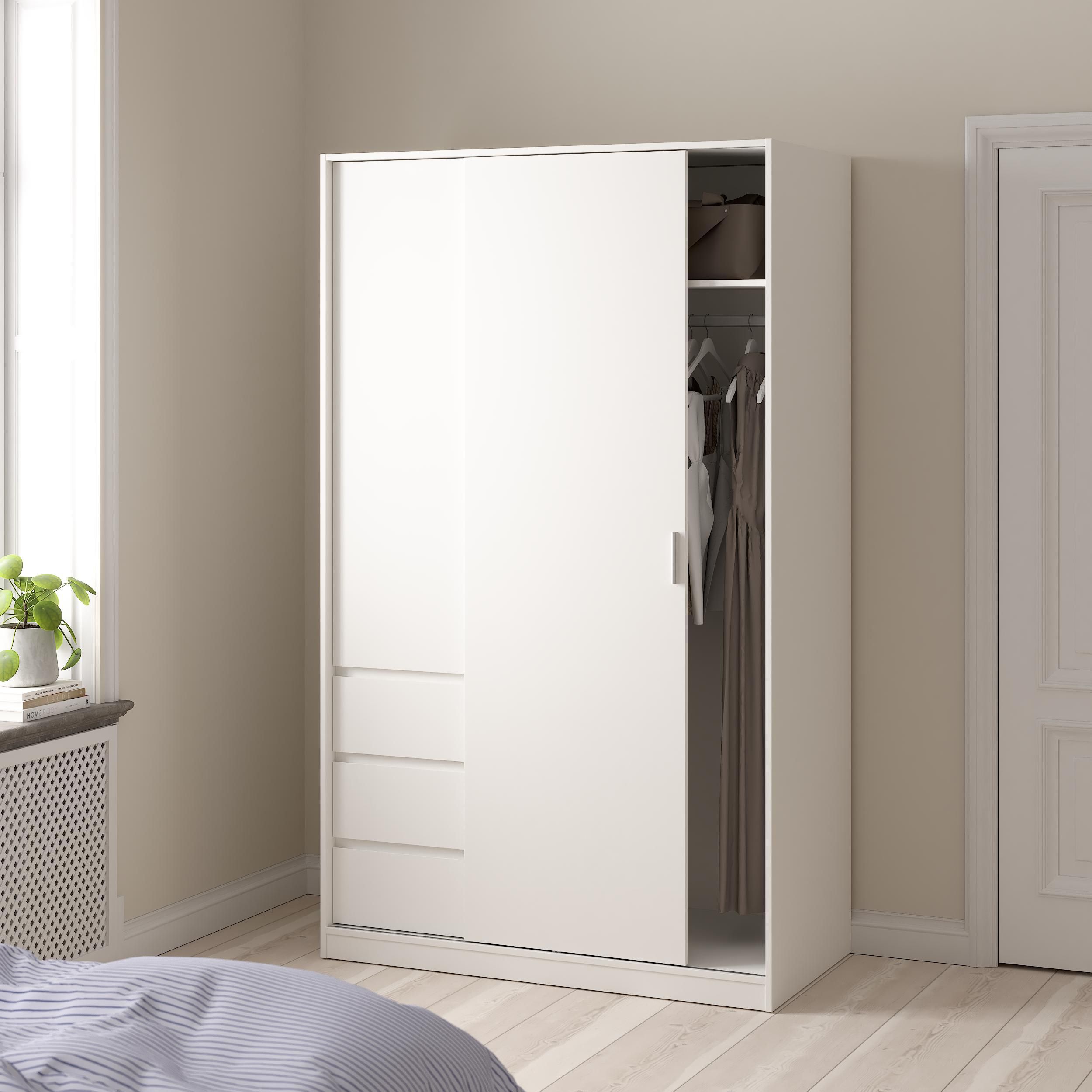 Tvilum Esla Scandinavian Matt white 3 Drawer Double Sliding door wardrobe (H)2004mm (W)1185mm (D)600mm