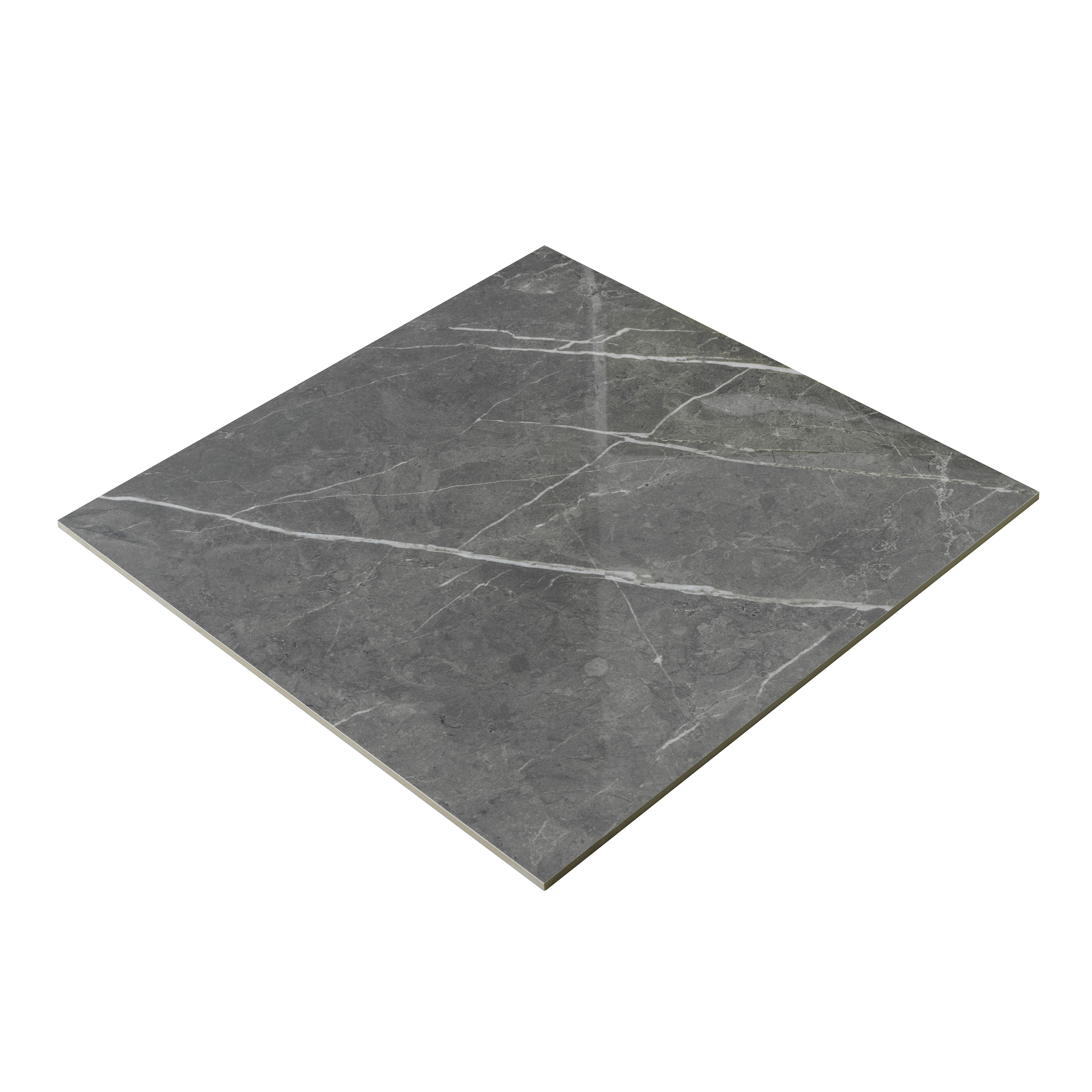 Ultimate Grey Gloss Marble effect Porcelain Indoor Wall & floor Tile, Pack of 3, (L)595mm (W)595mm