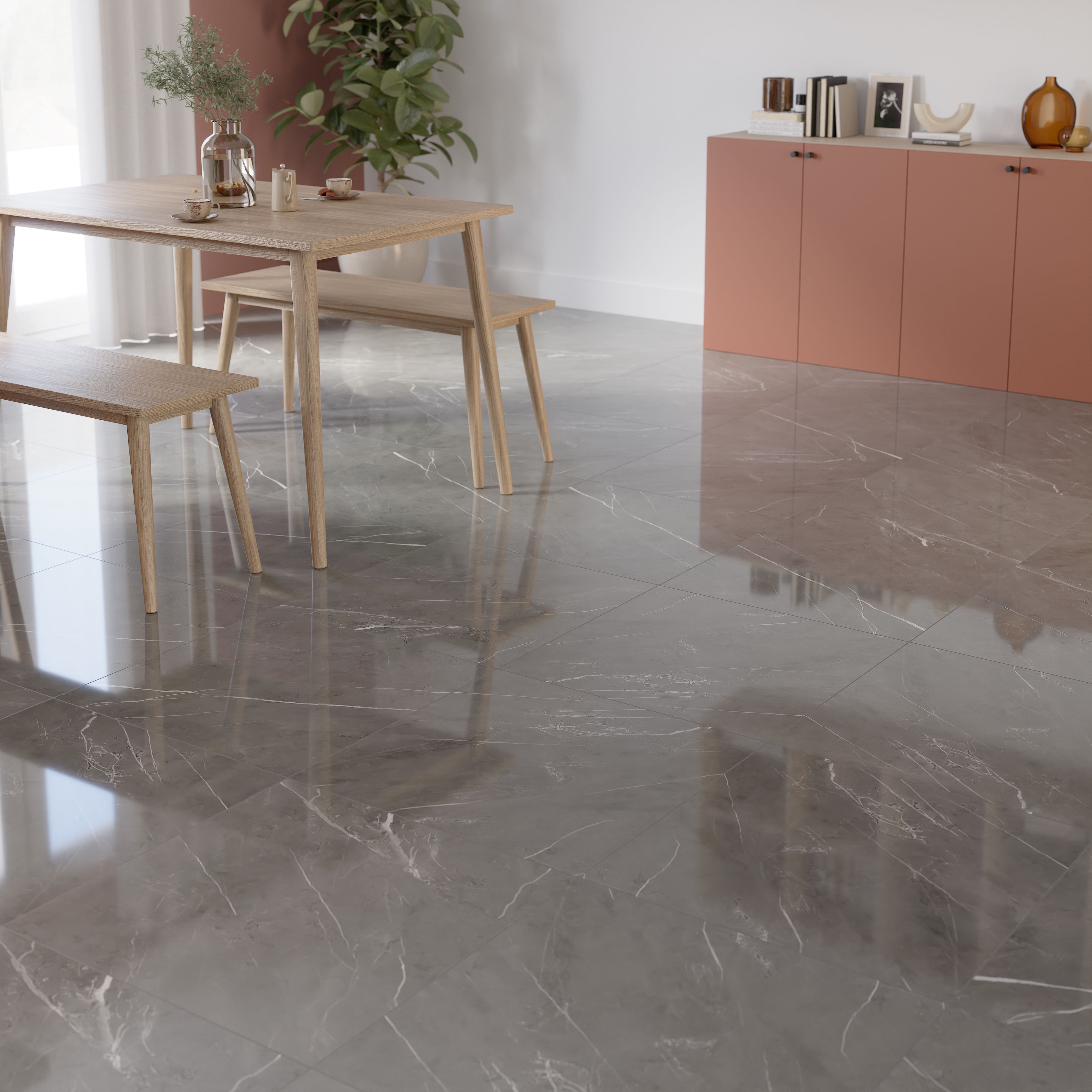 Ultimate Grey Gloss Marble effect Porcelain Indoor Wall & floor Tile, Pack of 3, (L)595mm (W)595mm