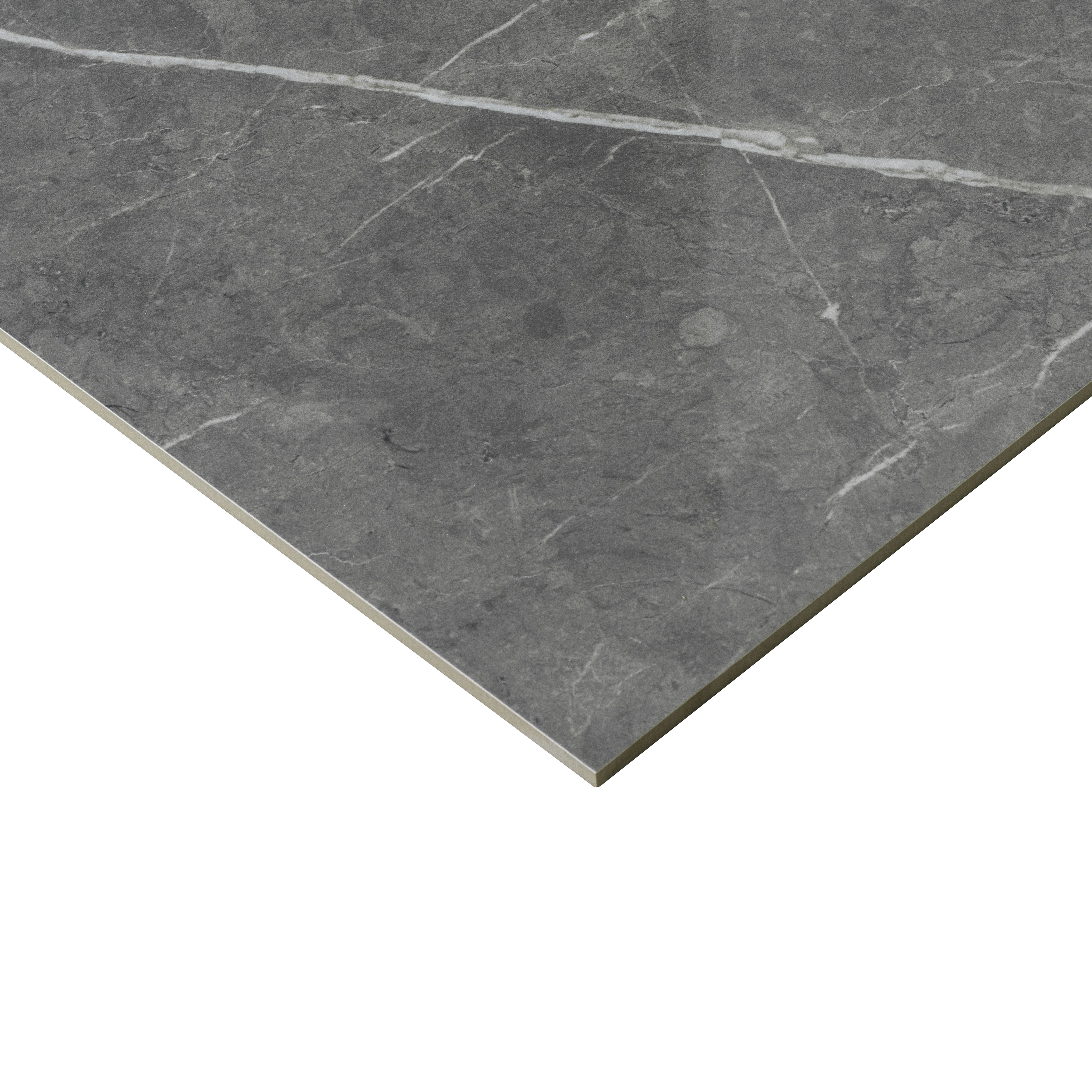 Ultimate Grey Gloss Marble effect Porcelain Indoor Wall & floor Tile, Pack of 3, (L)595mm (W)595mm