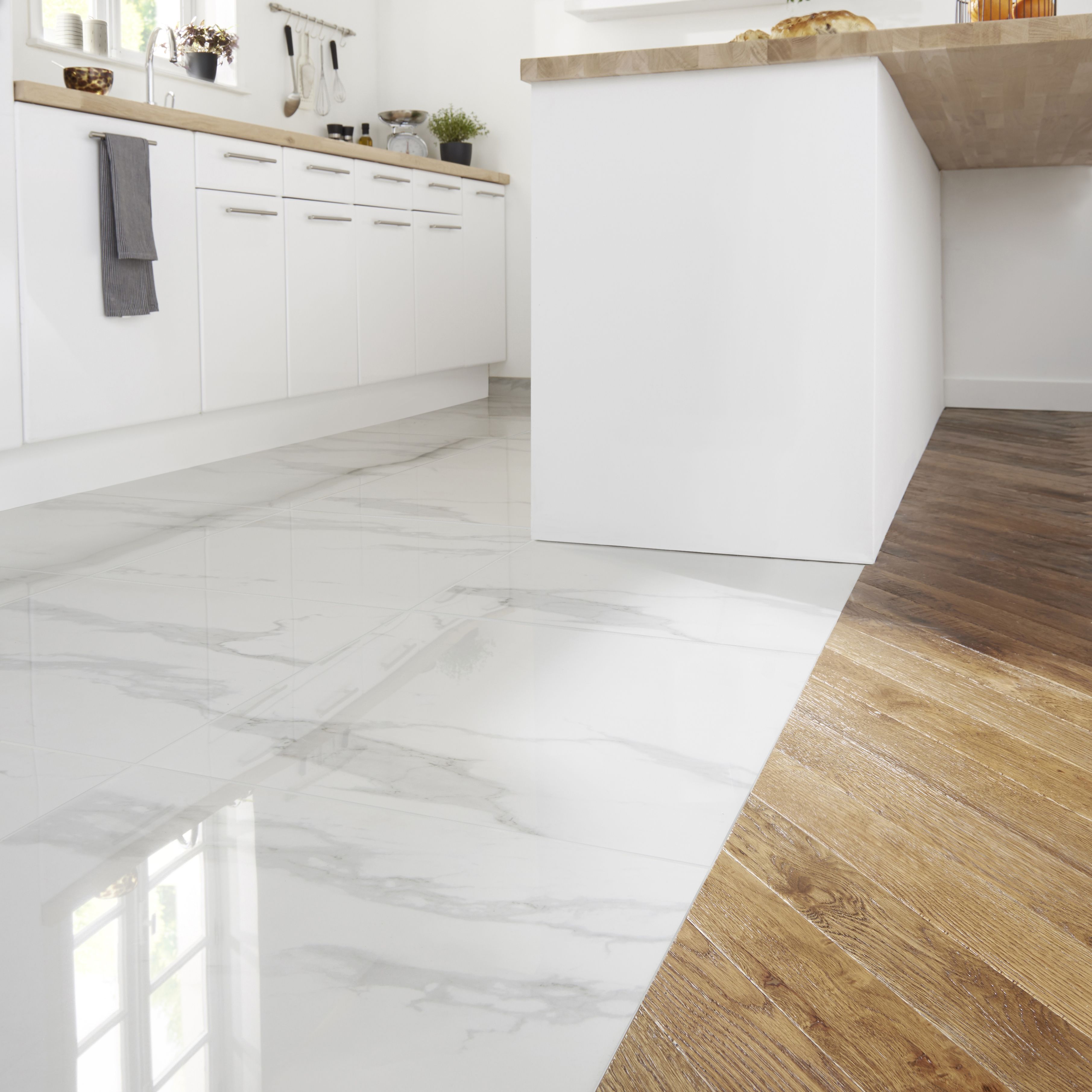 Ultimate White Gloss Marble effect Porcelain Indoor Floor Tile, Pack of ...