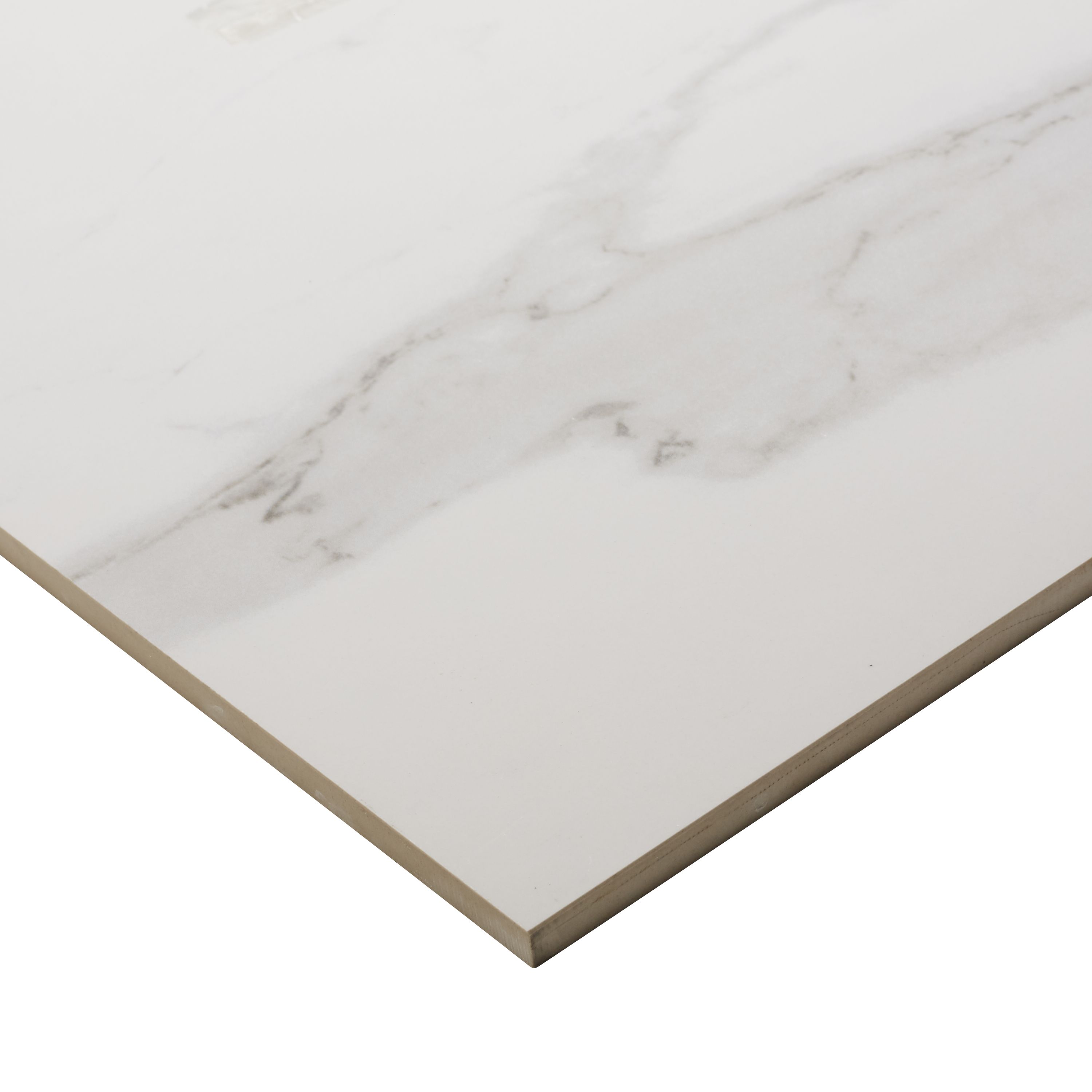 Ultimate White Gloss Marble effect Porcelain Indoor Floor Tile, Pack of 3, (L)595mm (W)595mm