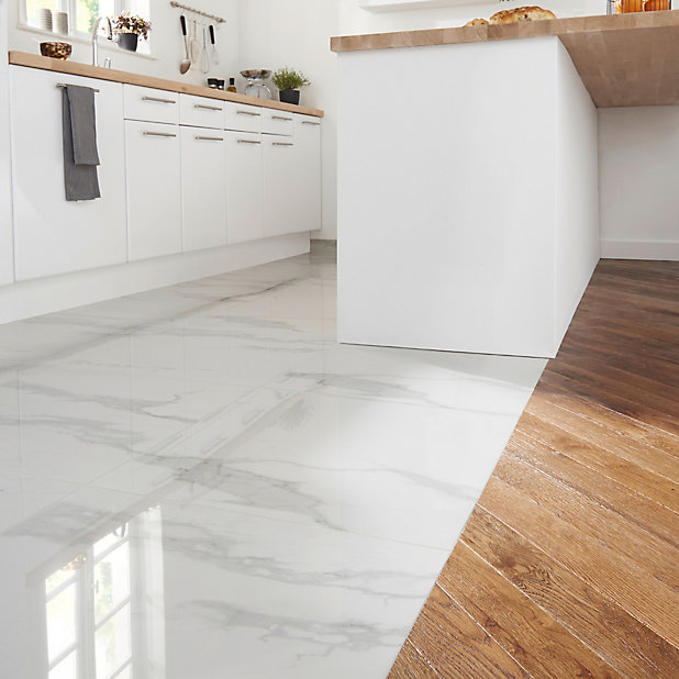 Ultimate White Gloss Marble Effect, White Gloss Kitchen Floor Tiles