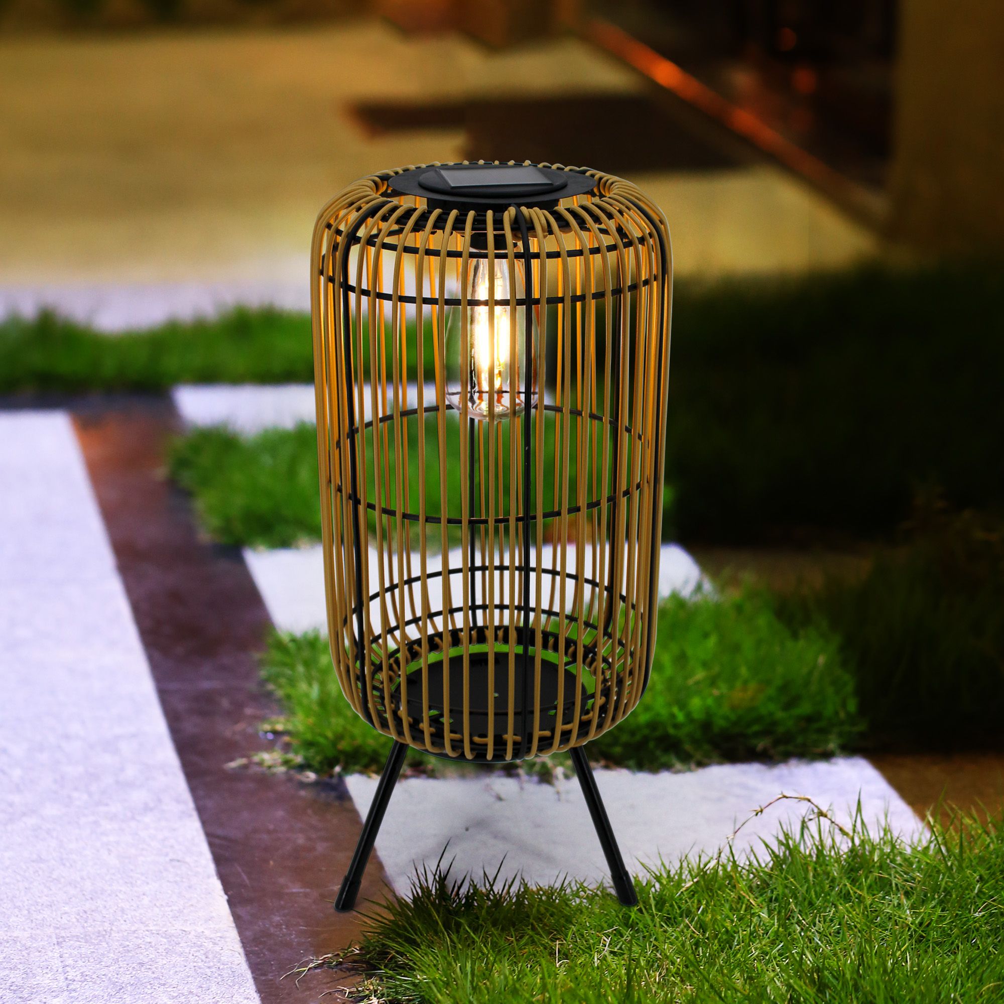Umatilla Beige & black Rattan effect Solar-powered Integrated LED Outdoor Lantern