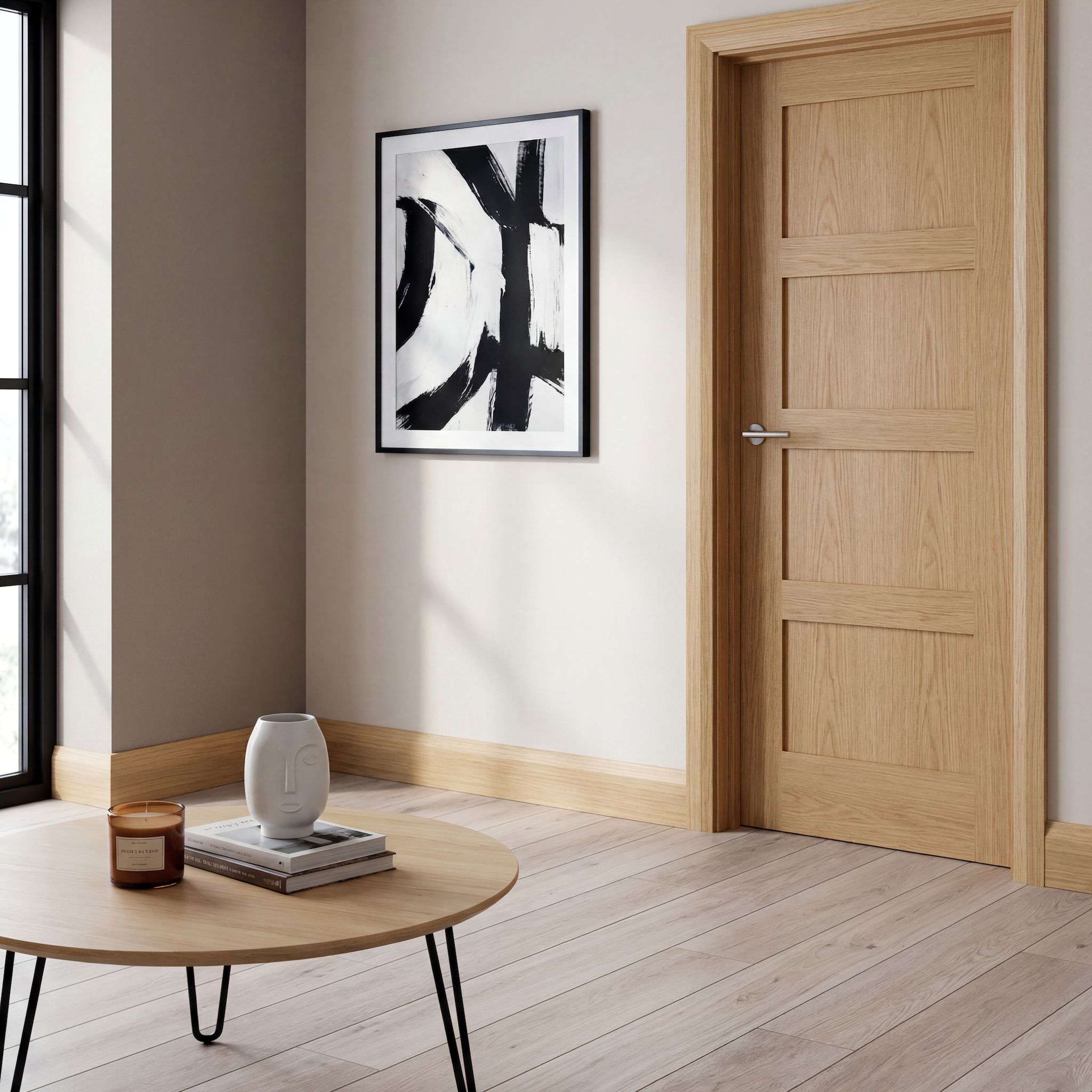 Unfinished Neutral MDF Oak Chamfered Skirting board (L)2400mm (W)94mm (T)15mm