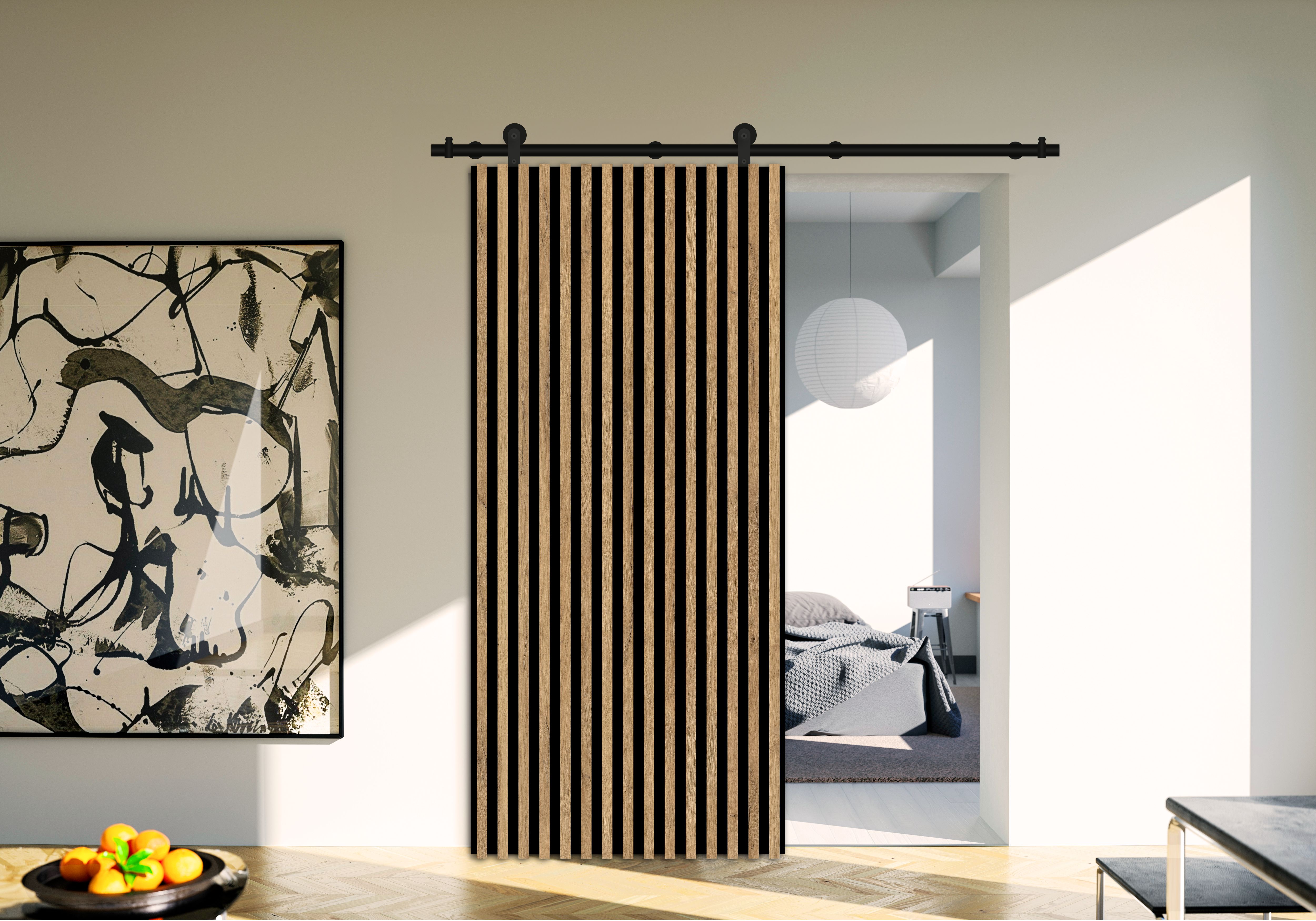 Unglazed Contemporary Wood & black Oak Internal Sliding door, (H)2035mm (W)844mm