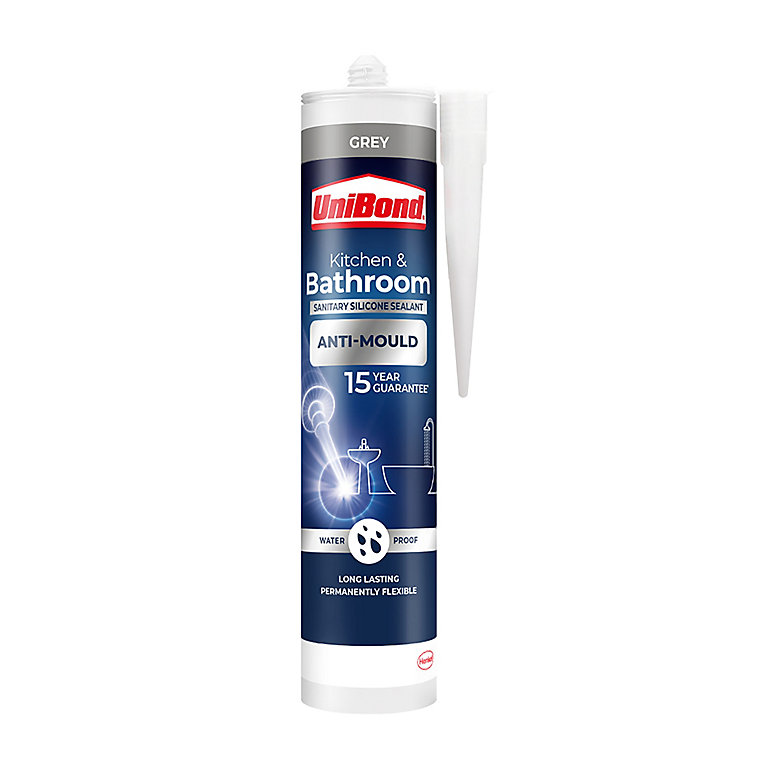 Unibond Healthy Kitchen Bathroom Mould Resistant Light Grey Silicone Based Sanitary Sealant 300ml Diy At B Q - How To Use Silicone Bathroom Sealant