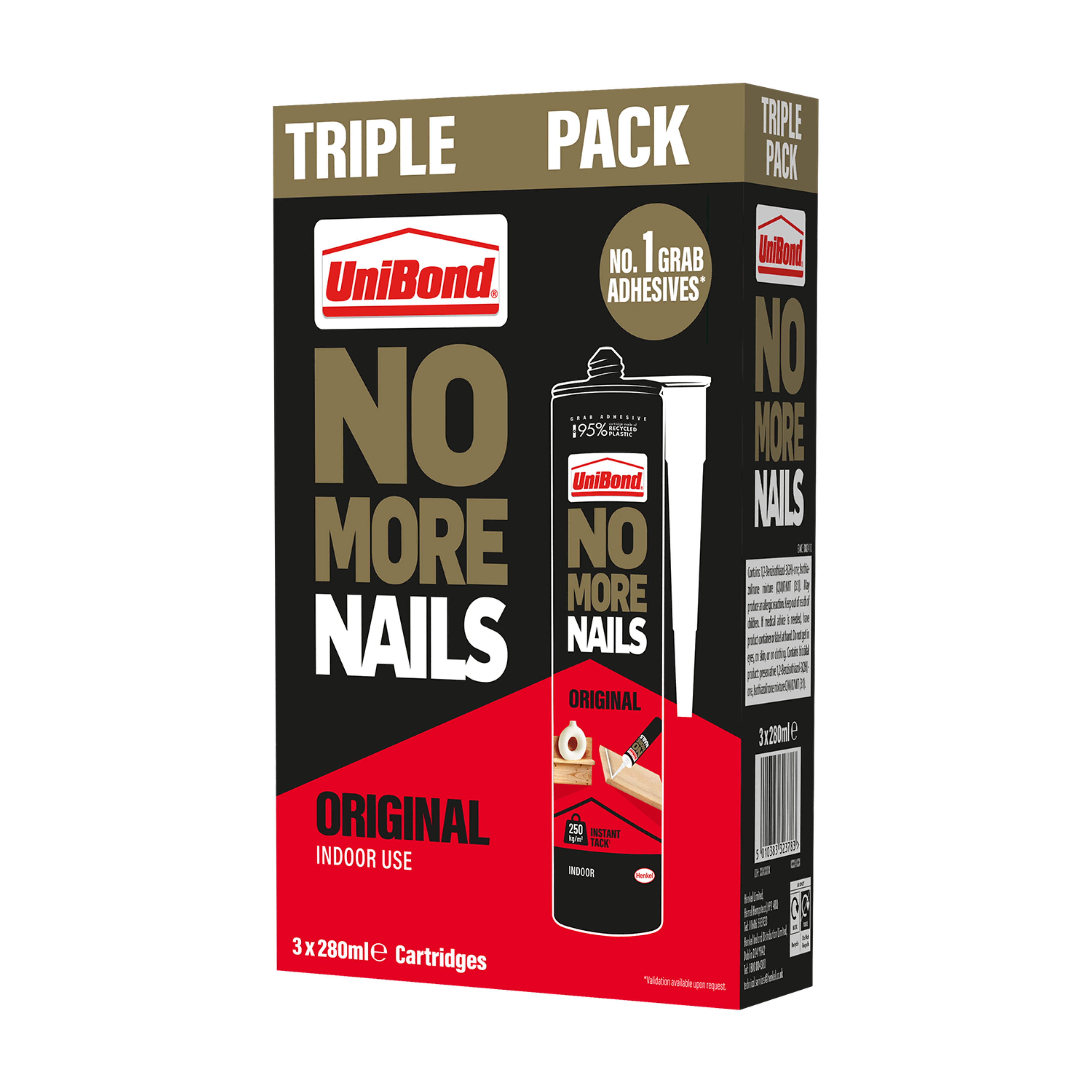 UniBond No More Nails White Adhesive, Volume 280ml, Pack of 3