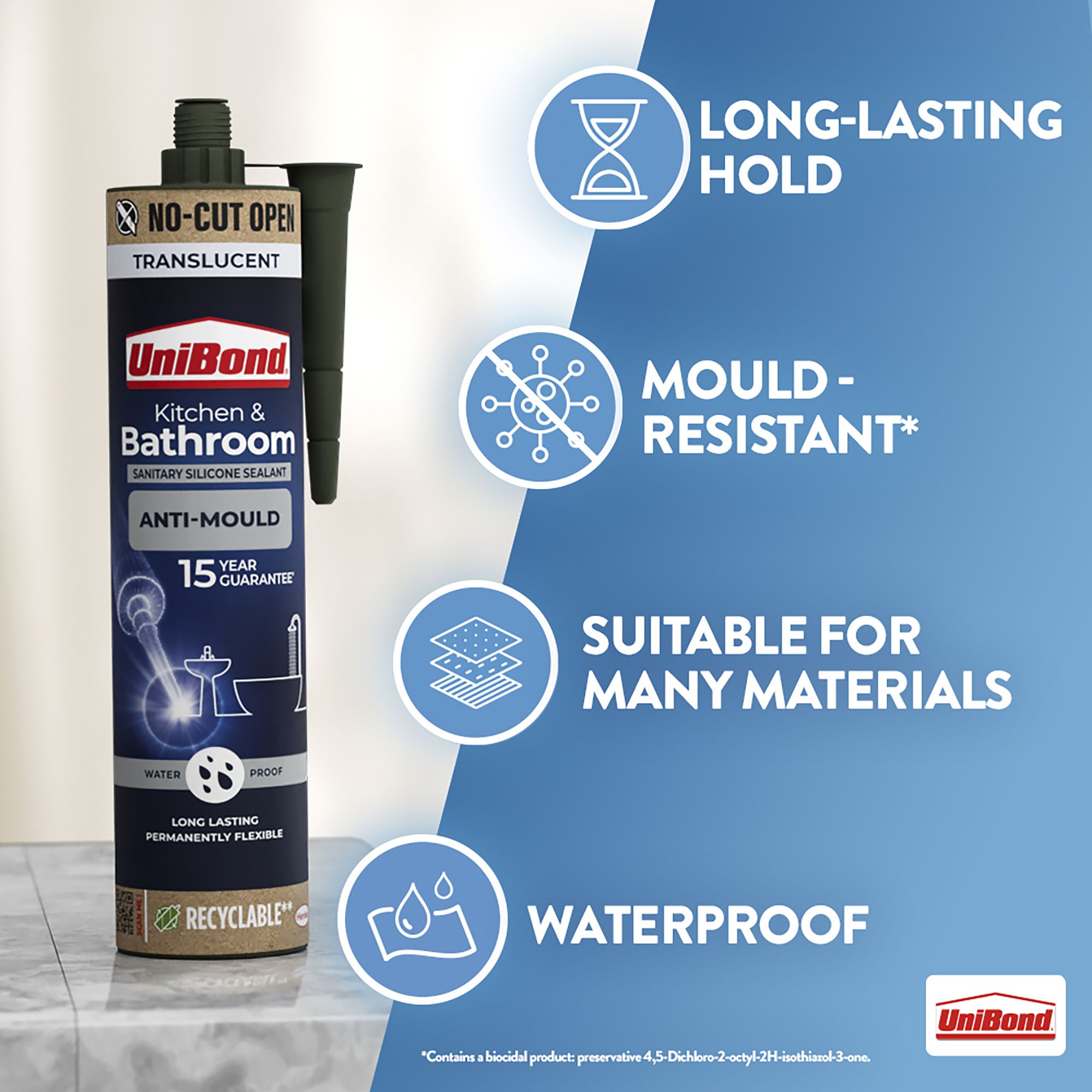 UniBond Sanitary silicone sealant Translucent Silicone-based Bathroom & kitchen Cartridge Sealant, 280ml
