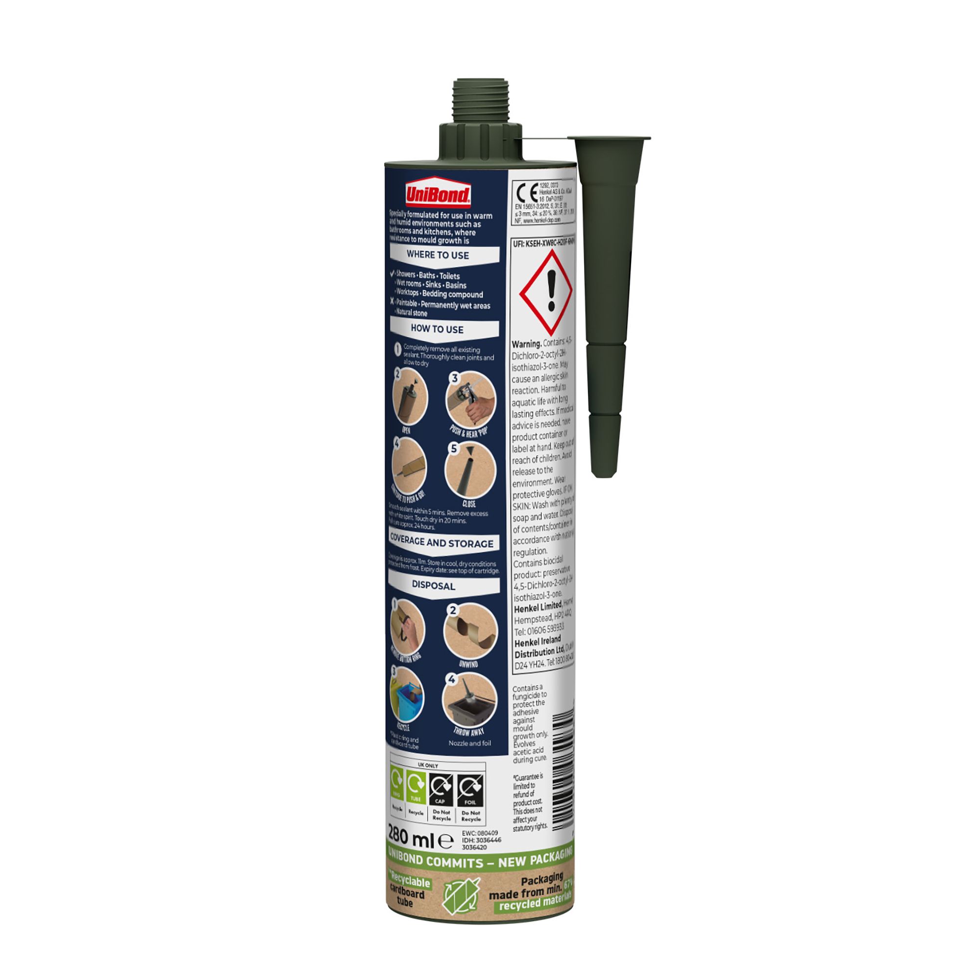 UniBond Sanitary silicone sealant White Silicone-based Bathroom & kitchen Cartridge Sealant, 280ml