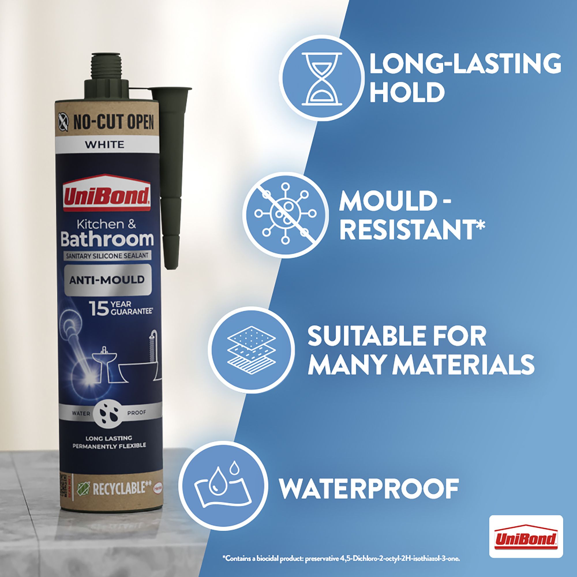 UniBond Sanitary silicone sealant White Silicone-based Bathroom & kitchen Cartridge Sealant, 280ml