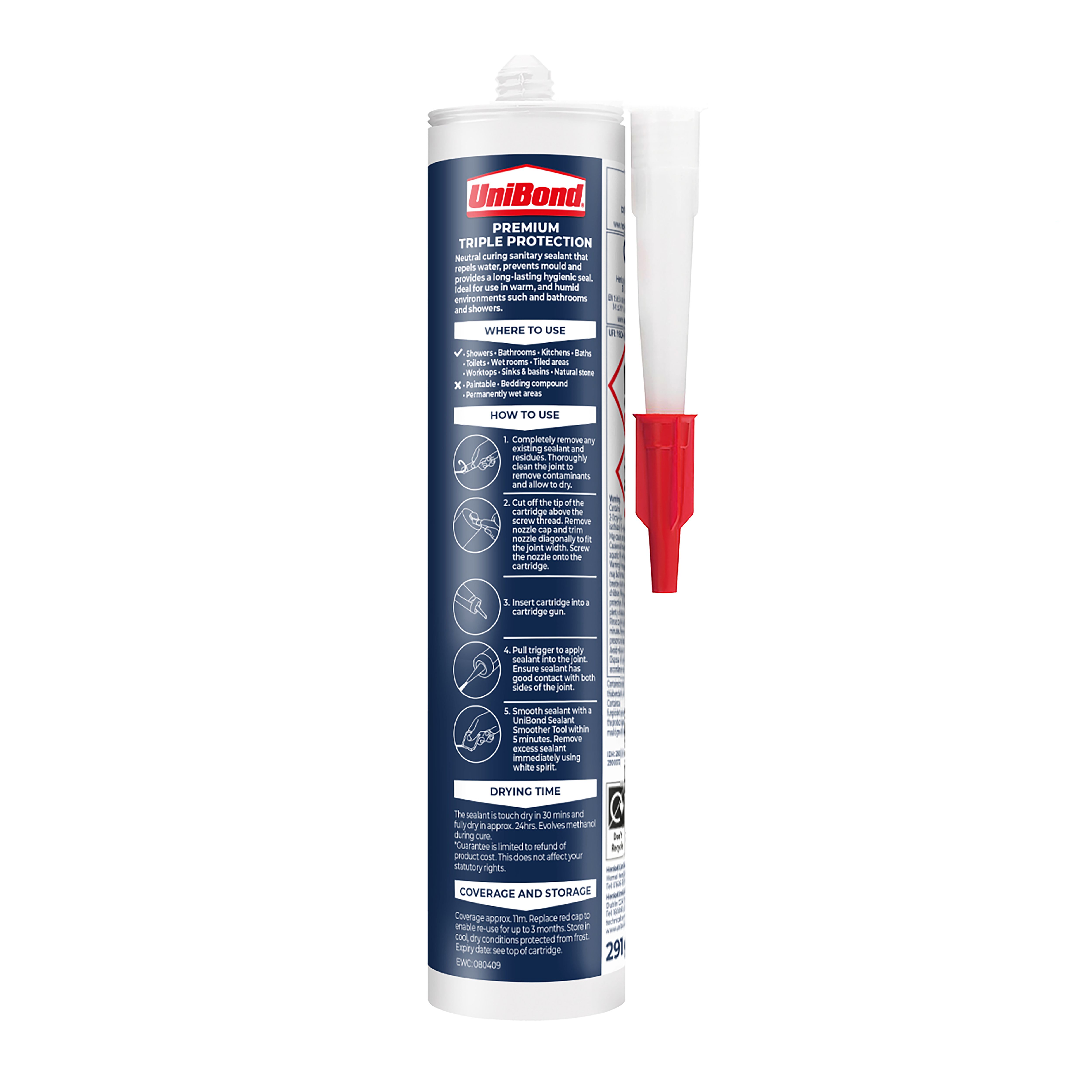 UniBond Triple protect White Silicone-based Bathroom & kitchen Sanitary sealant, 300ml