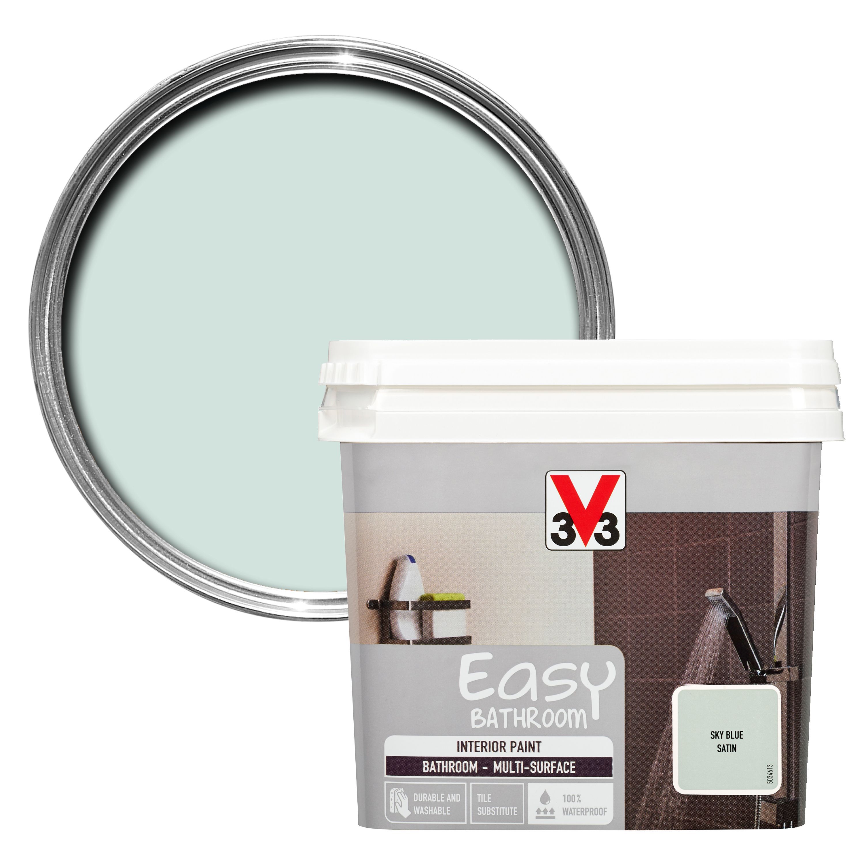 V33 Easy Sky blue Satin Bathroom paint 0.75L DIY at B&Q