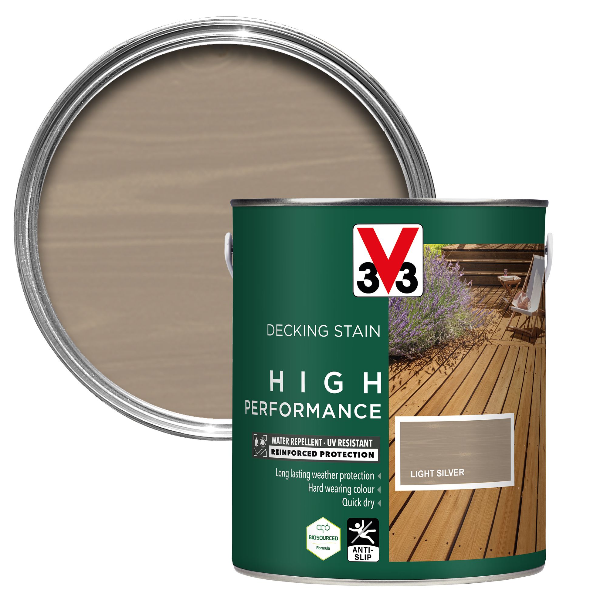 V33 High performance Light Silver Satin Quick dry Decking Stain, 2.5L