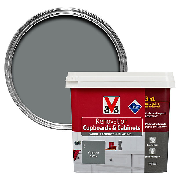 V33 Renovation Carbon Satin Kitchen, B Q Kitchen Cupboard Paint Grey