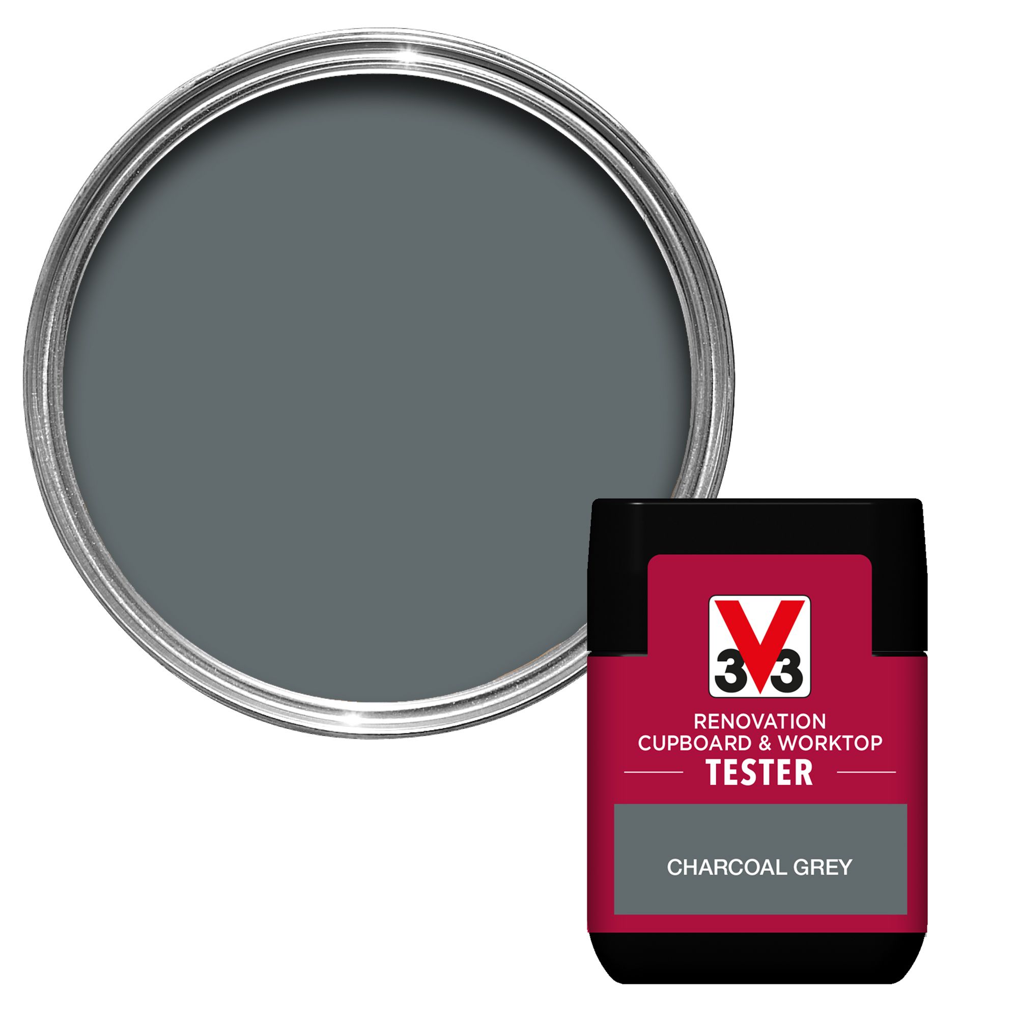 V33 Renovation Charcoal Grey Satinwood Cupboard & cabinet paint, 75ml Tester pot