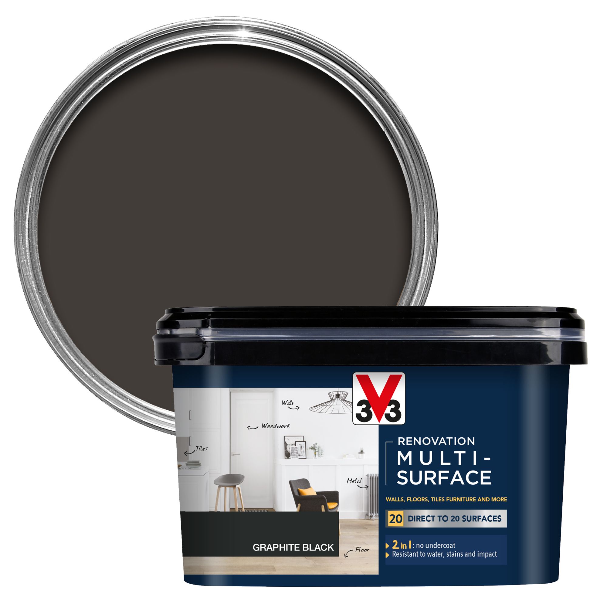 V33 Renovation Graphite Black Satinwood Multisurface paint, 2L DIY