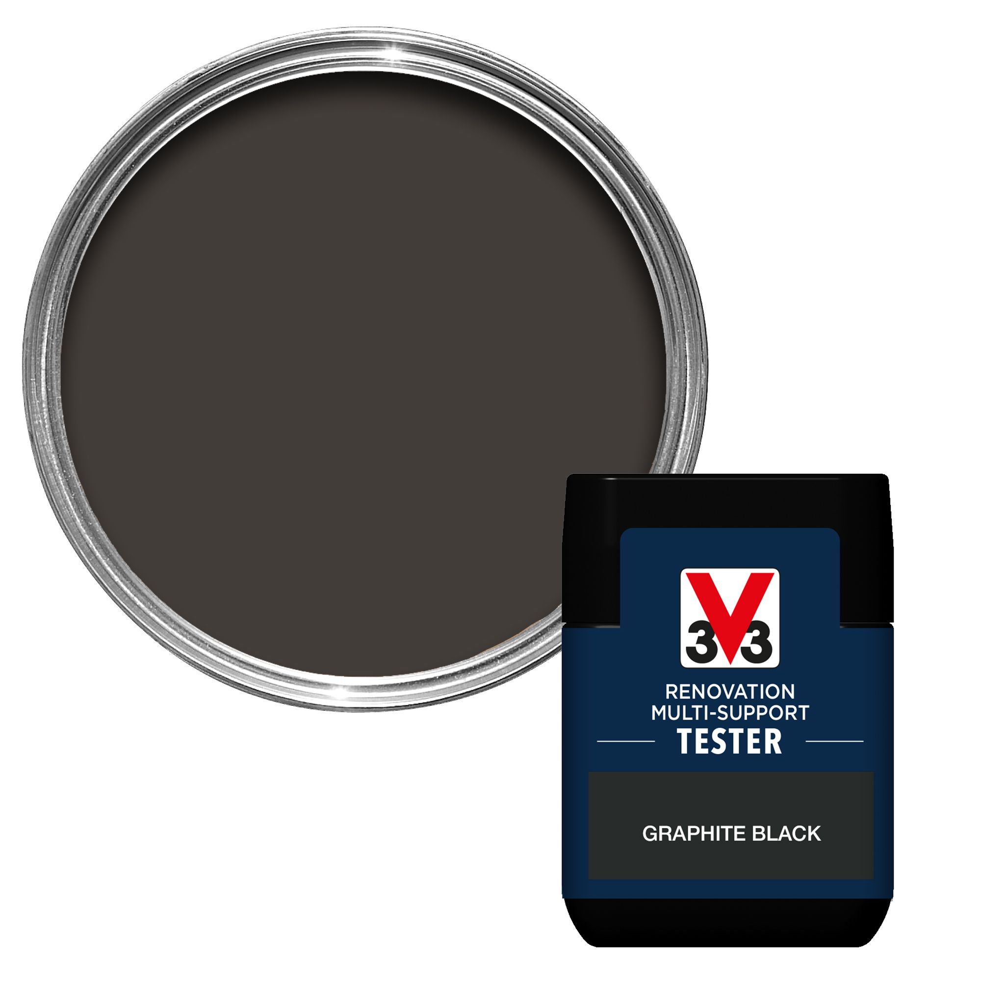 V33 Renovation Graphite Black Satinwood Multi-surface paint, 50ml Tester pot