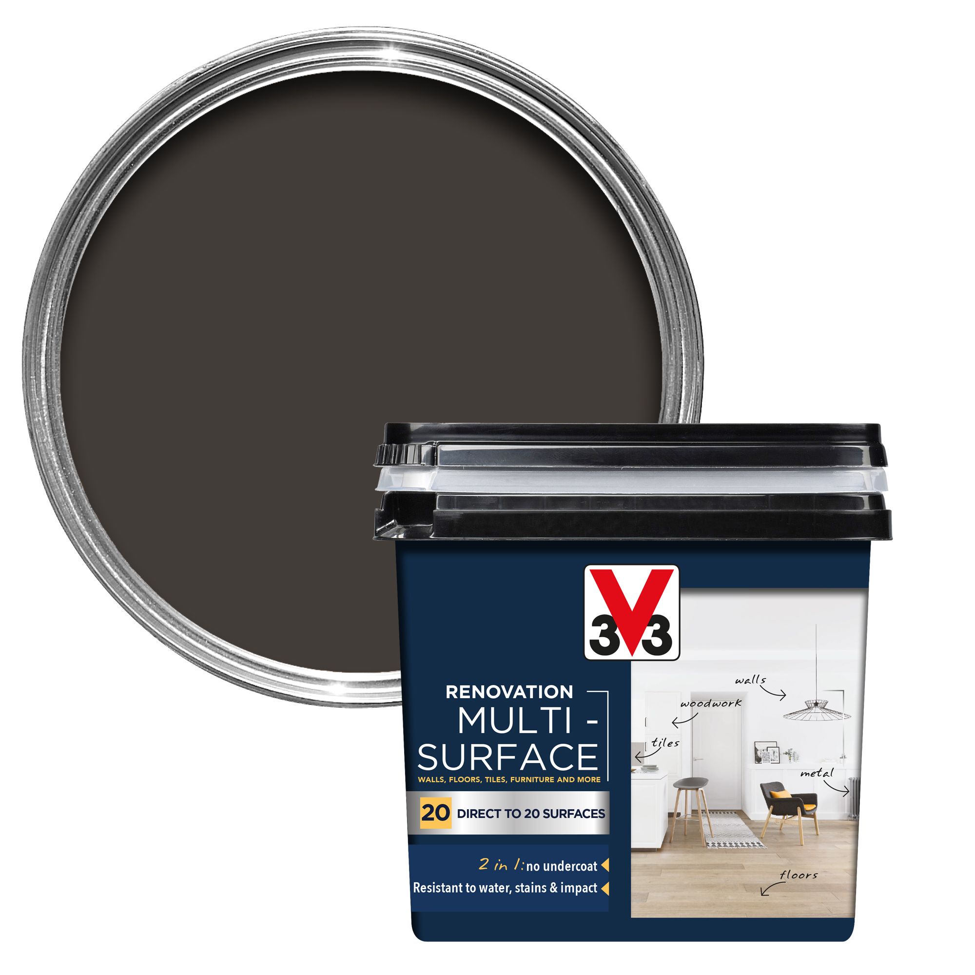 V33 Renovation Graphite Black Satinwood Multi-surface paint, 750ml