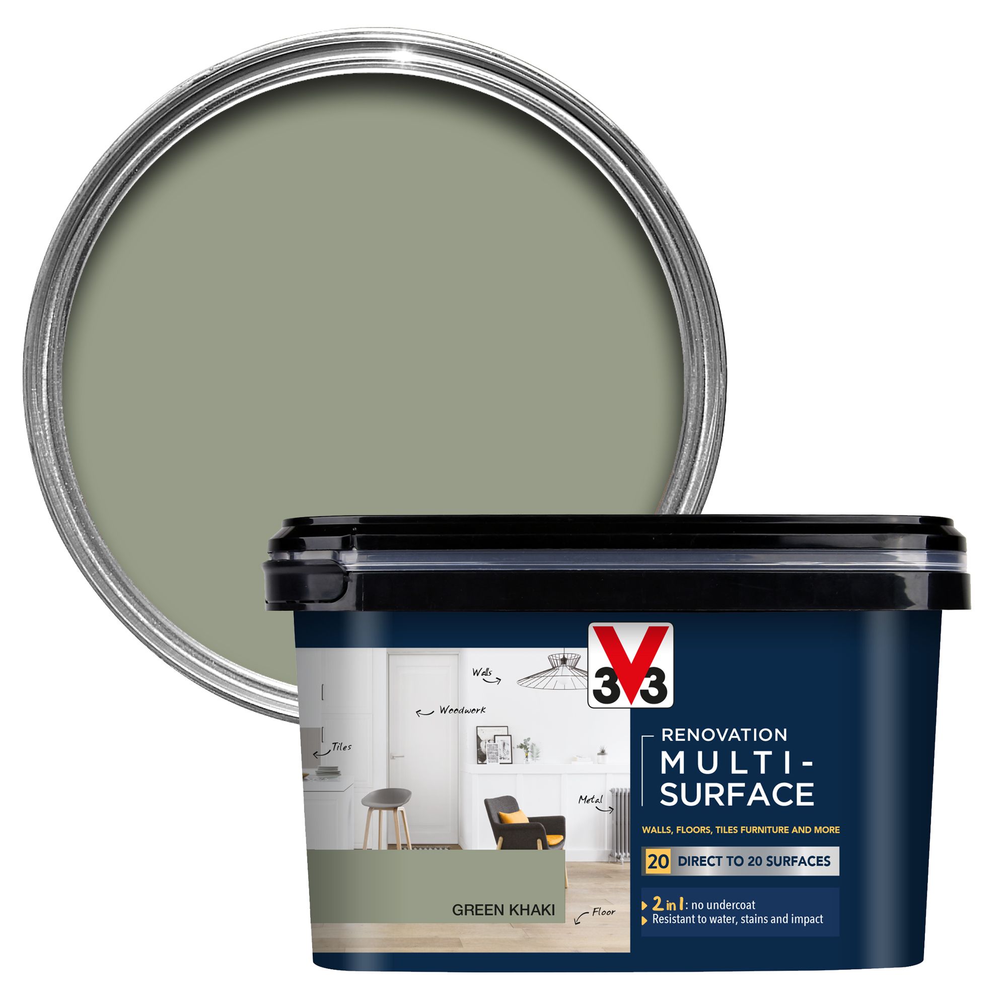 V33 Renovation Green Khaki Satinwood Multi-surface paint, 2L